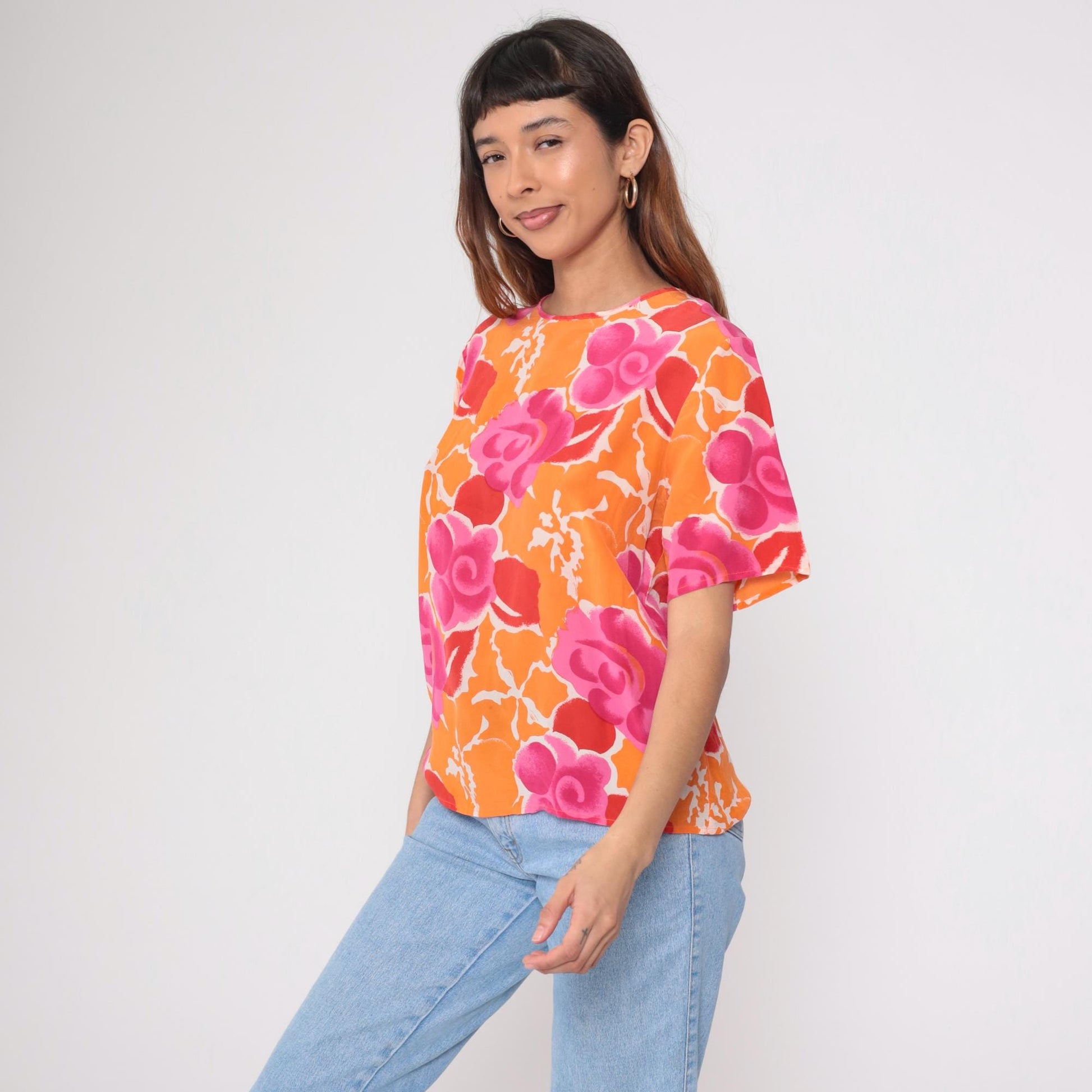 Y2K Christie and Jill Silk Blouse Floral Orange Pink Short Sleeve Medium M
