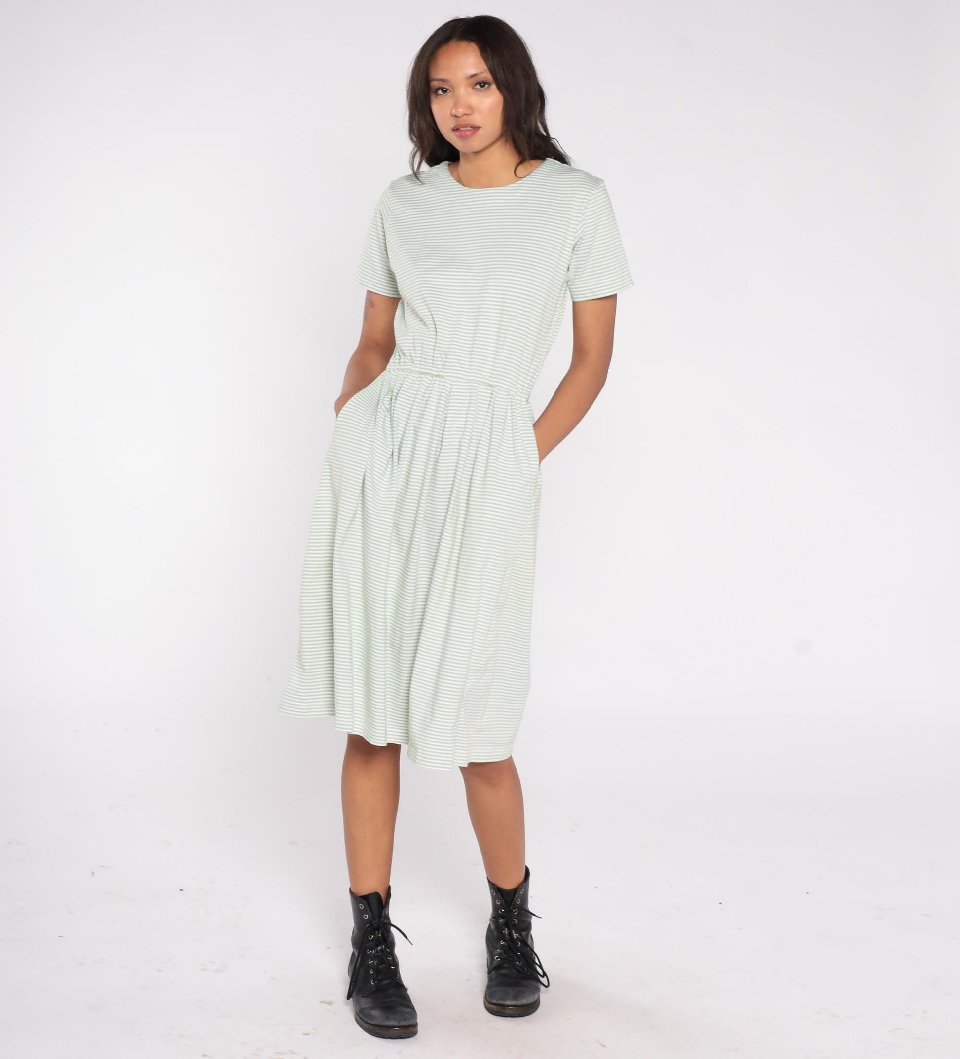 80s Herman Geist Mint Striped Cotton Dress Elastic Waist Button Back Small