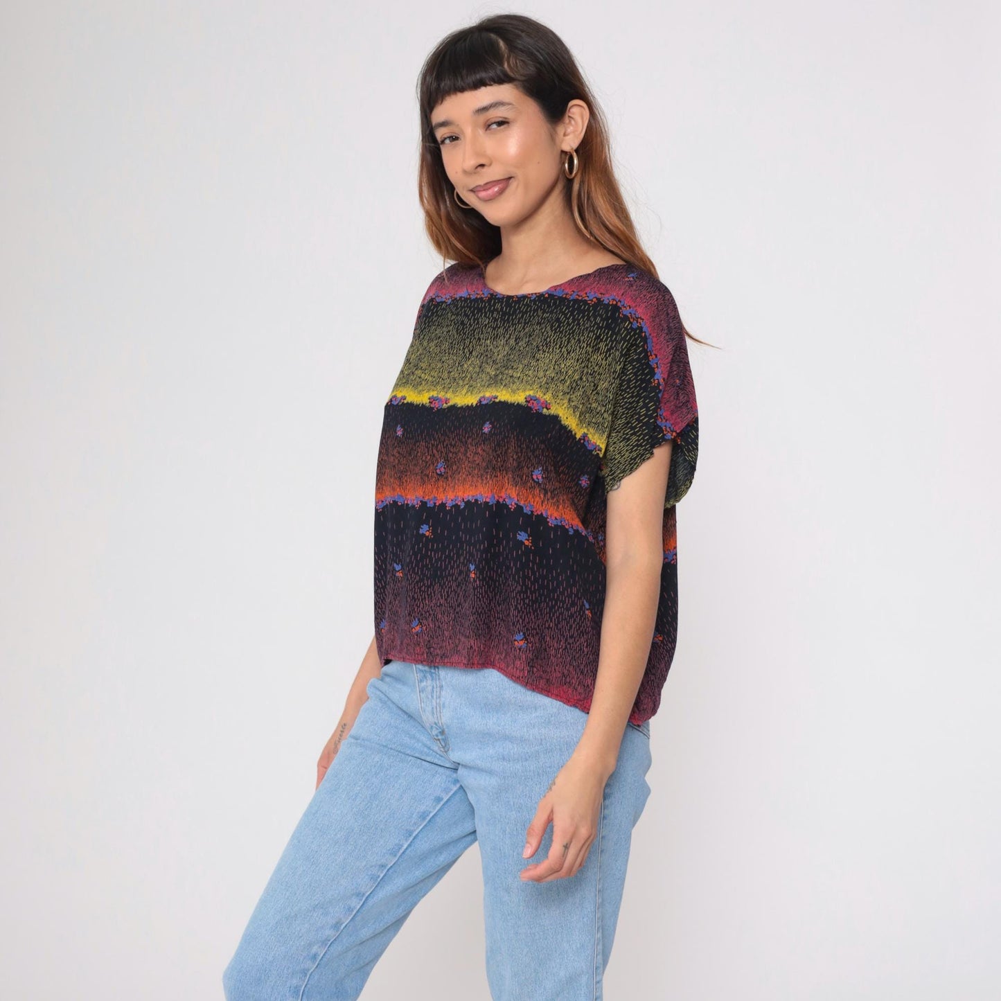 90s Abstract Multicolor Rayon Blouse Short Dolman Sleeves Small Medium
