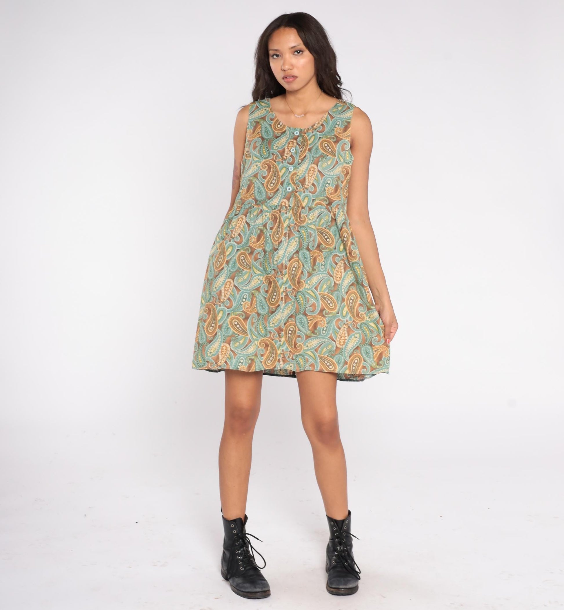90s Paisley Mini Dress Brown Teal Gold Button Front Scoop Neck Medium M