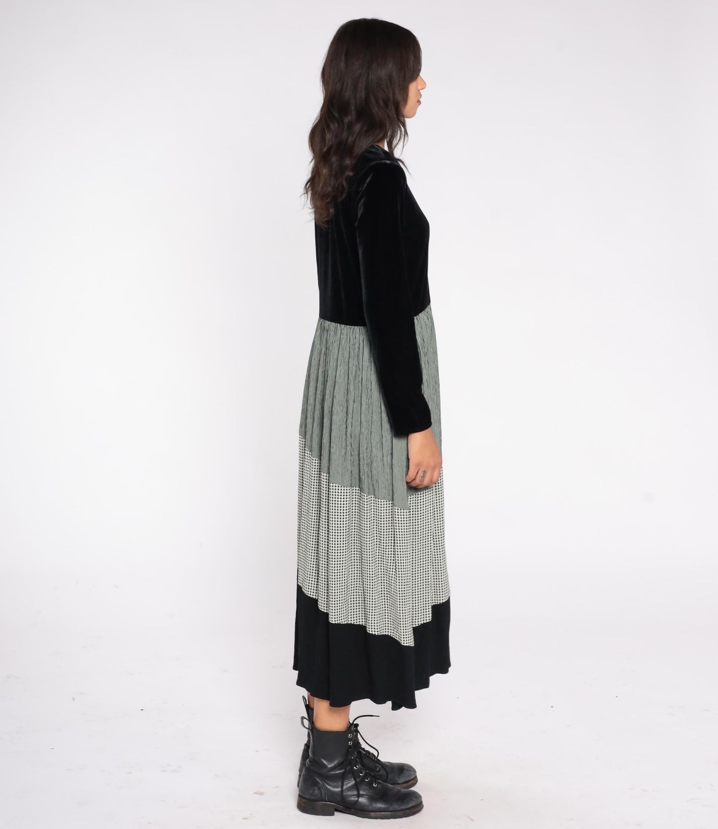 90s Jeffrey & Dara Velvet Gingham Midi Dress Black Green Pleated Long Sleeve Medium
