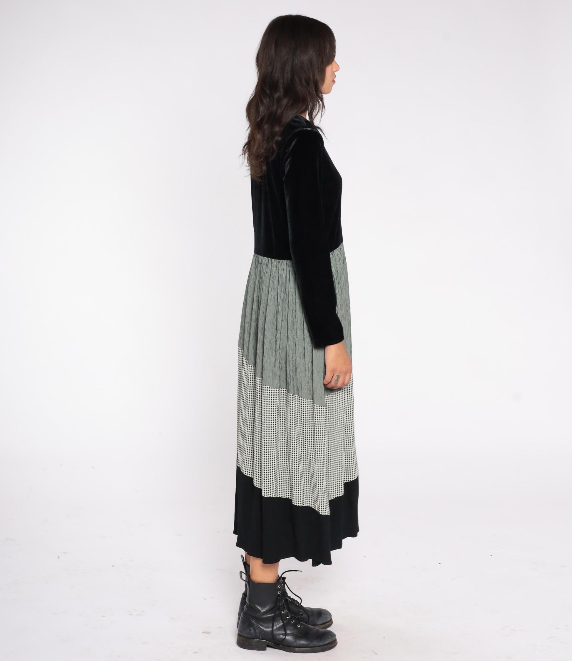90s Jeffrey & Dara Velvet Gingham Midi Dress Black Green Pleated Long Sleeve Medium
