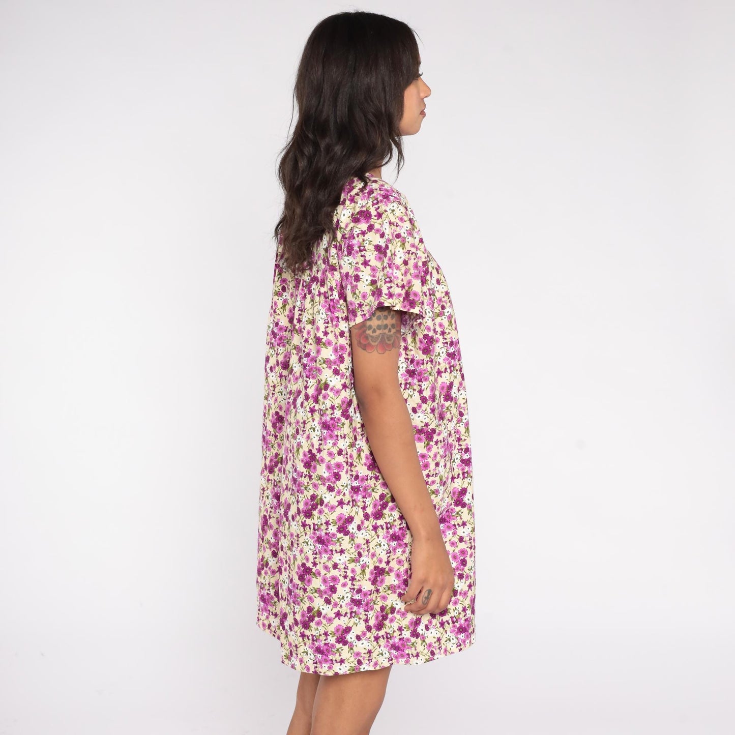 90s JTP Ditsy Floral Zip Front Dress Purple Rayon Knee Length Medium Large