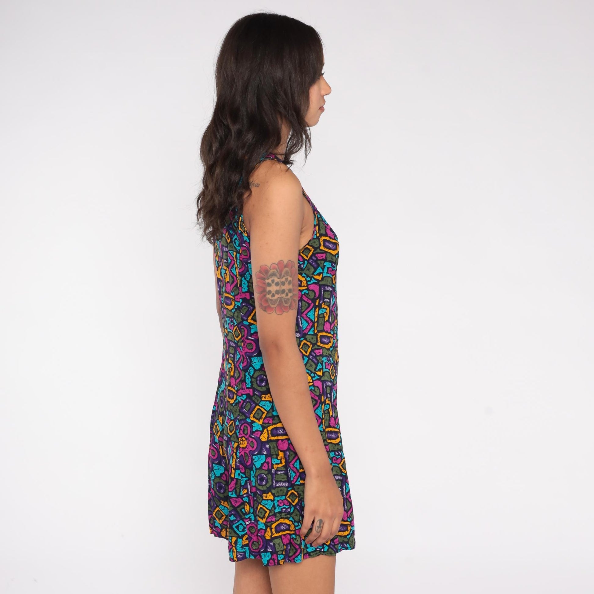 90s Gabriella Abstract Geometric Romper Black Multicolor Rayon Medium M
