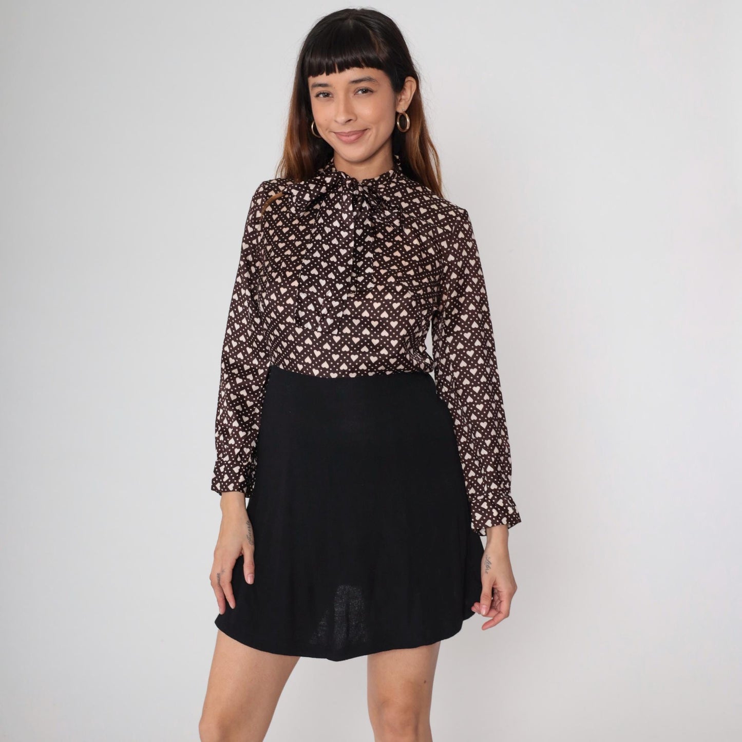 60s Heart Print Mini Dress Brown Pink Mock Neck Long Sleeve Medium M