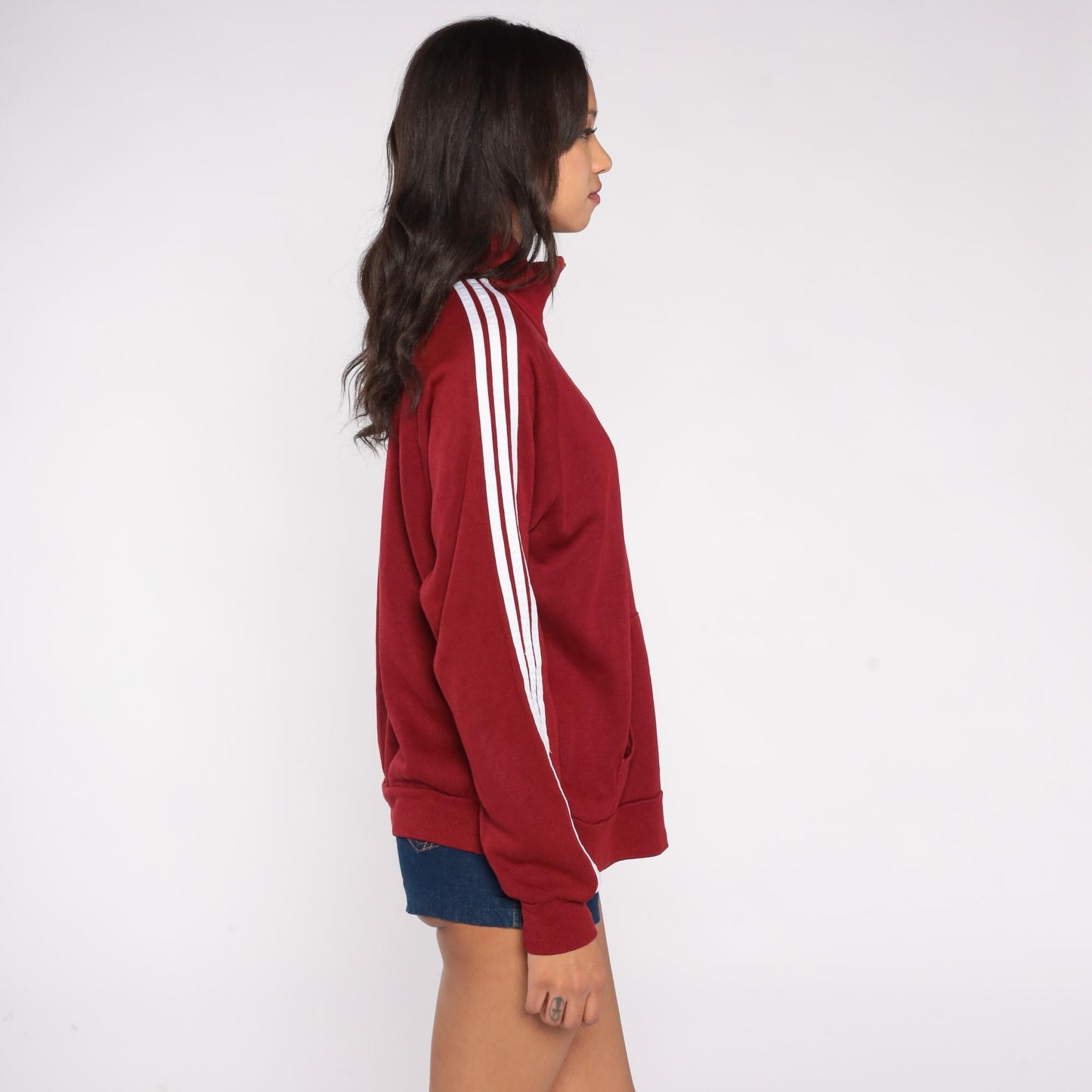 80s Red Track Jacket White Stripe Zip Front Raglan High Collar Large L