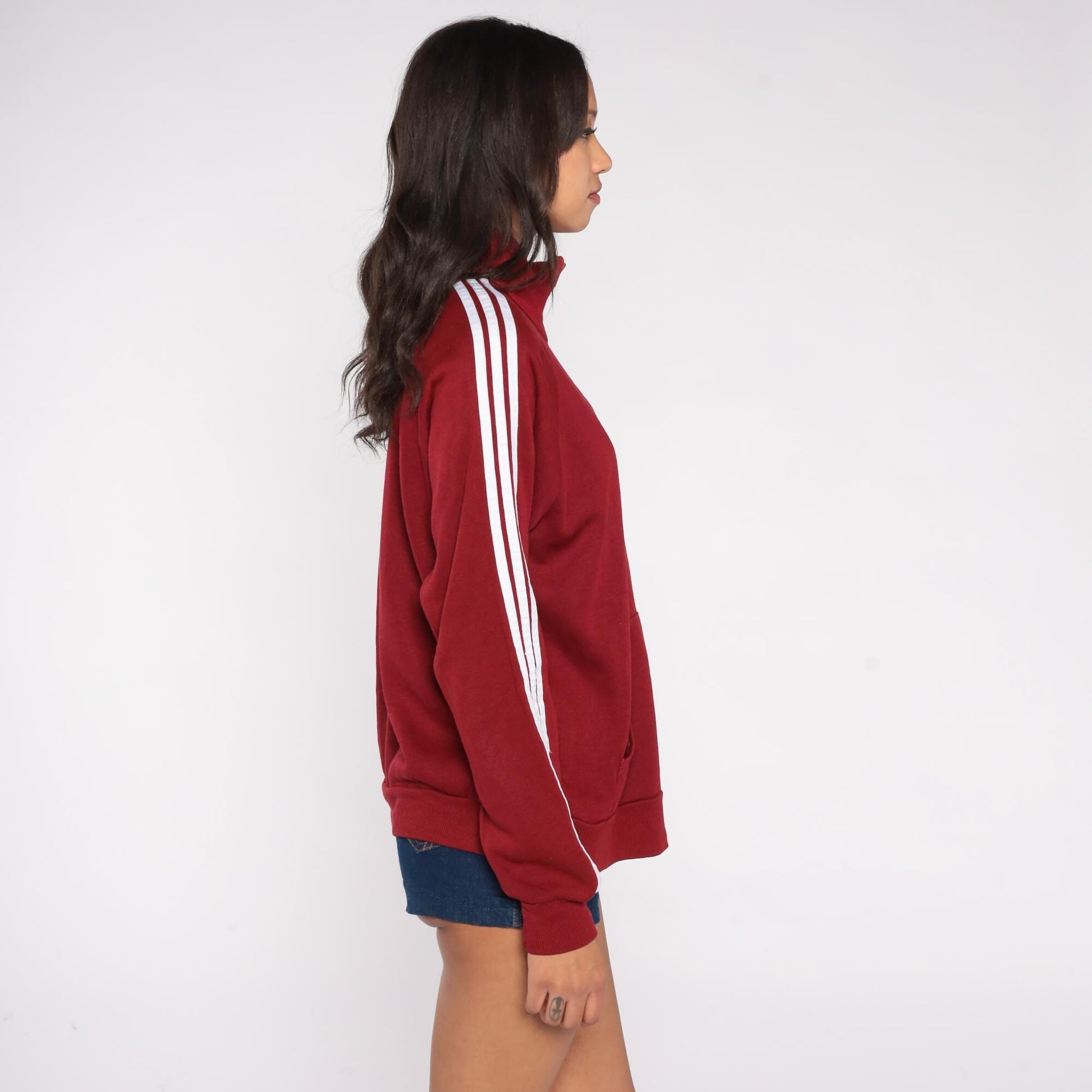 80s Red Track Jacket White Stripe Zip Front Raglan High Collar Large L