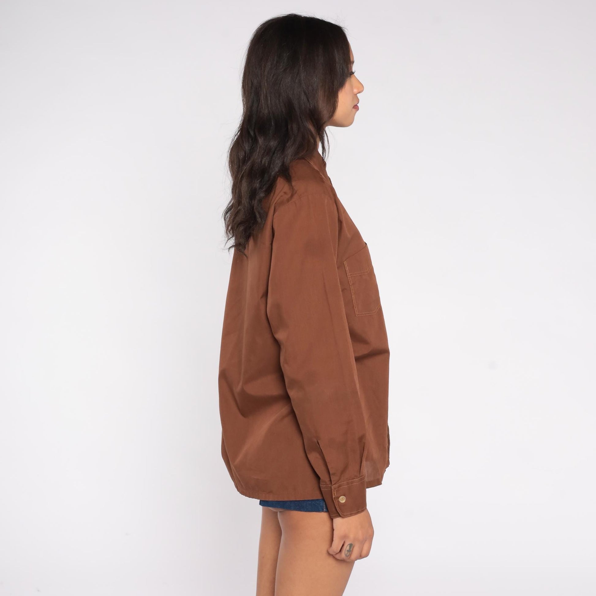 70s JCPenney Chocolate Brown Button-Up Shirt Contrast Stitch Pointed Collar Medium