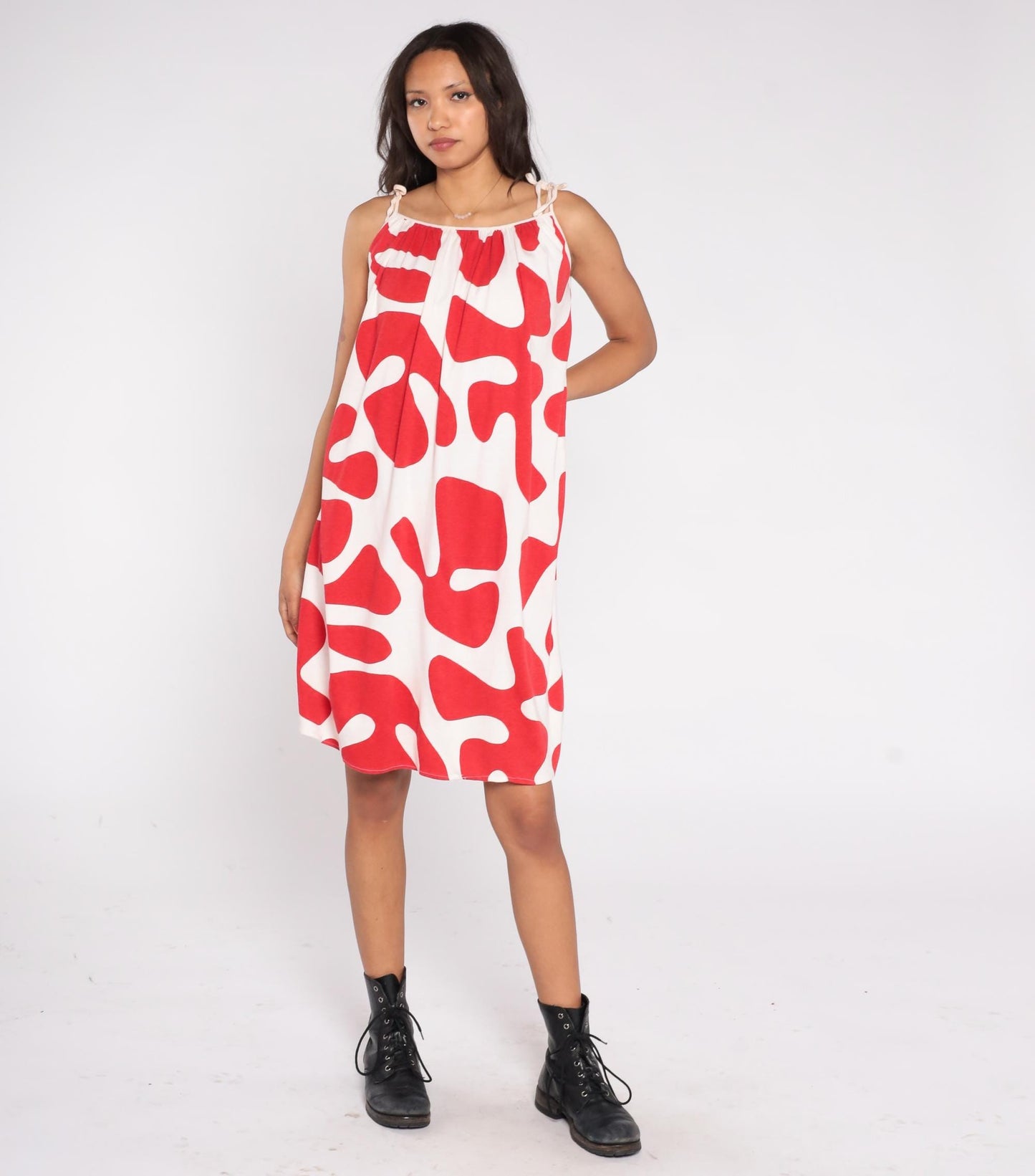 80s Abstract Red White Midi Dress Tie Shoulder Trapeze Sleeveless Small