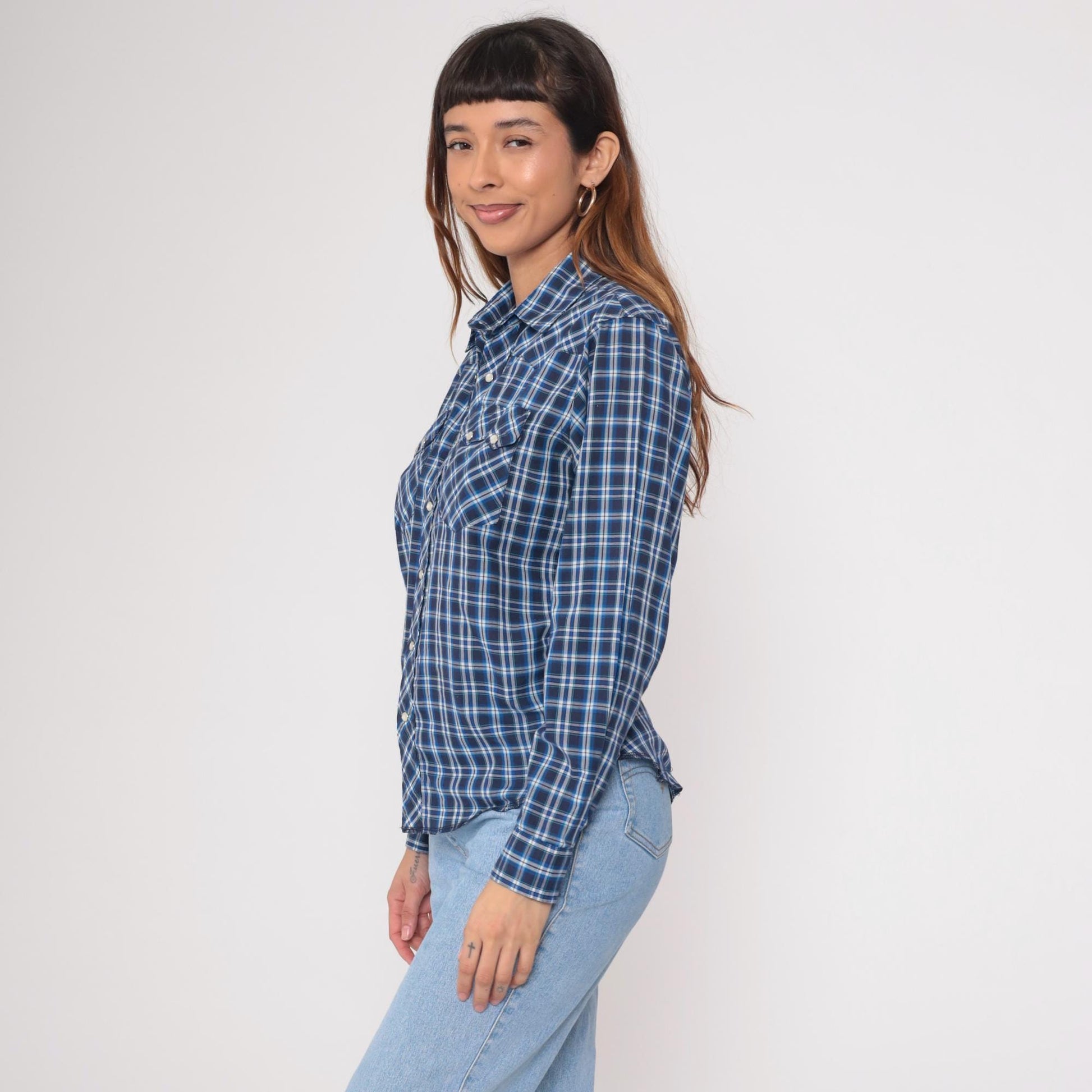 90s Rustler Blue Plaid Flannel Pearl Snap Shirt Medium