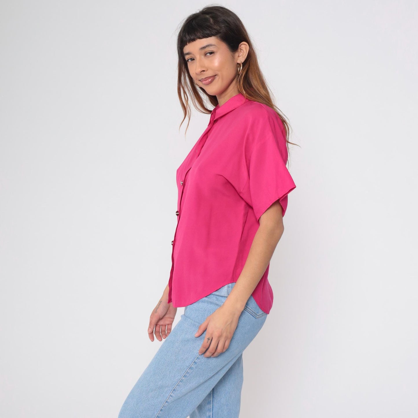 90s La Fever Hot Pink Button Up Blouse Silver Buttons Short Sleeve Medium M