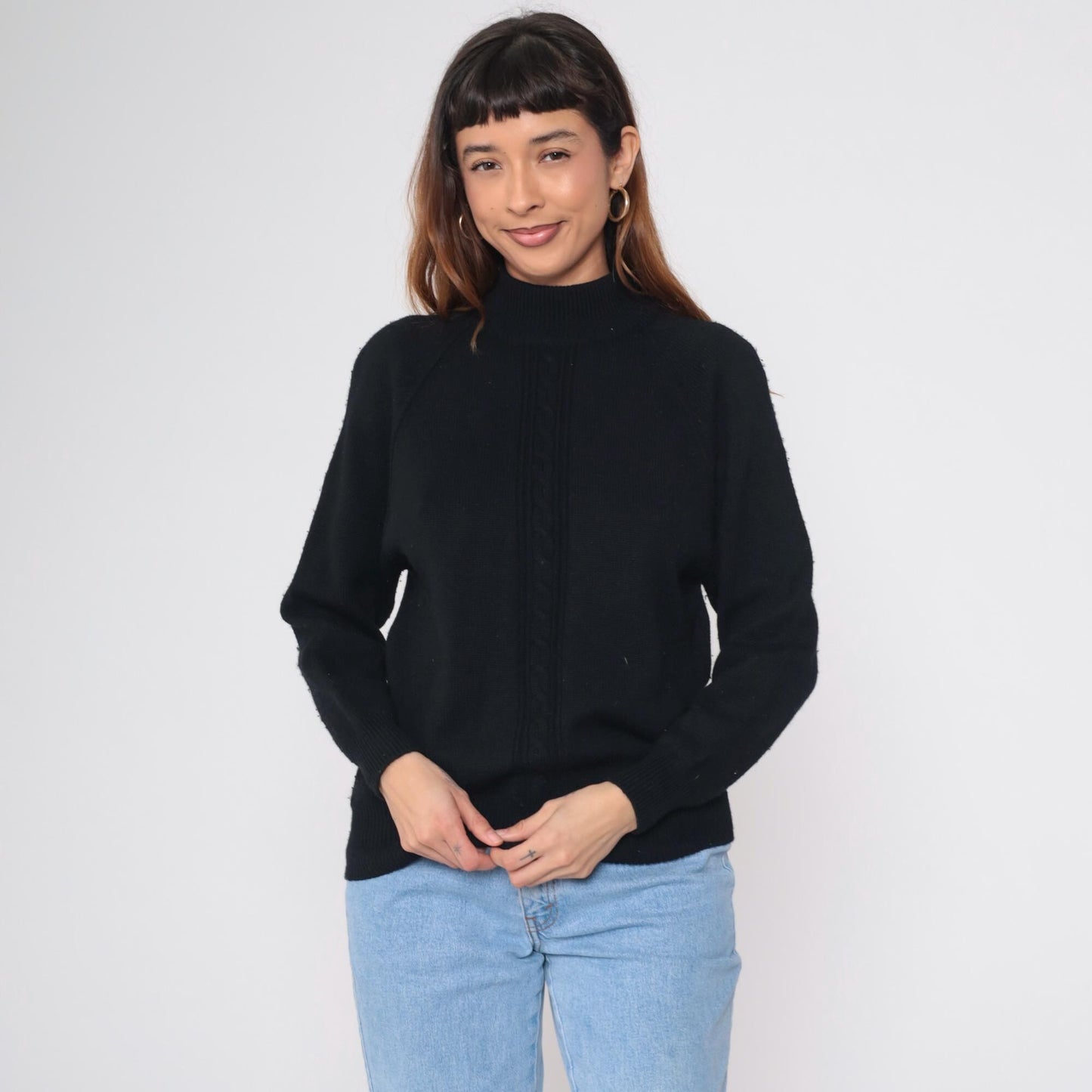 90s Liz Claiborne Black Merino Wool Mock Neck Sweater Cable Knit Small S