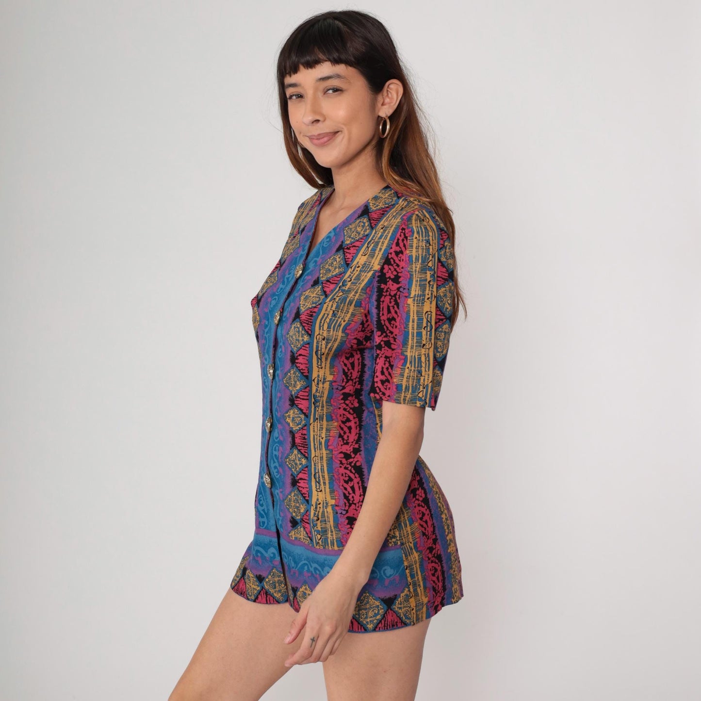 90s Tribal Geometric Mini Dress Blue Pink Gold Button Front Short Sleeve Medium