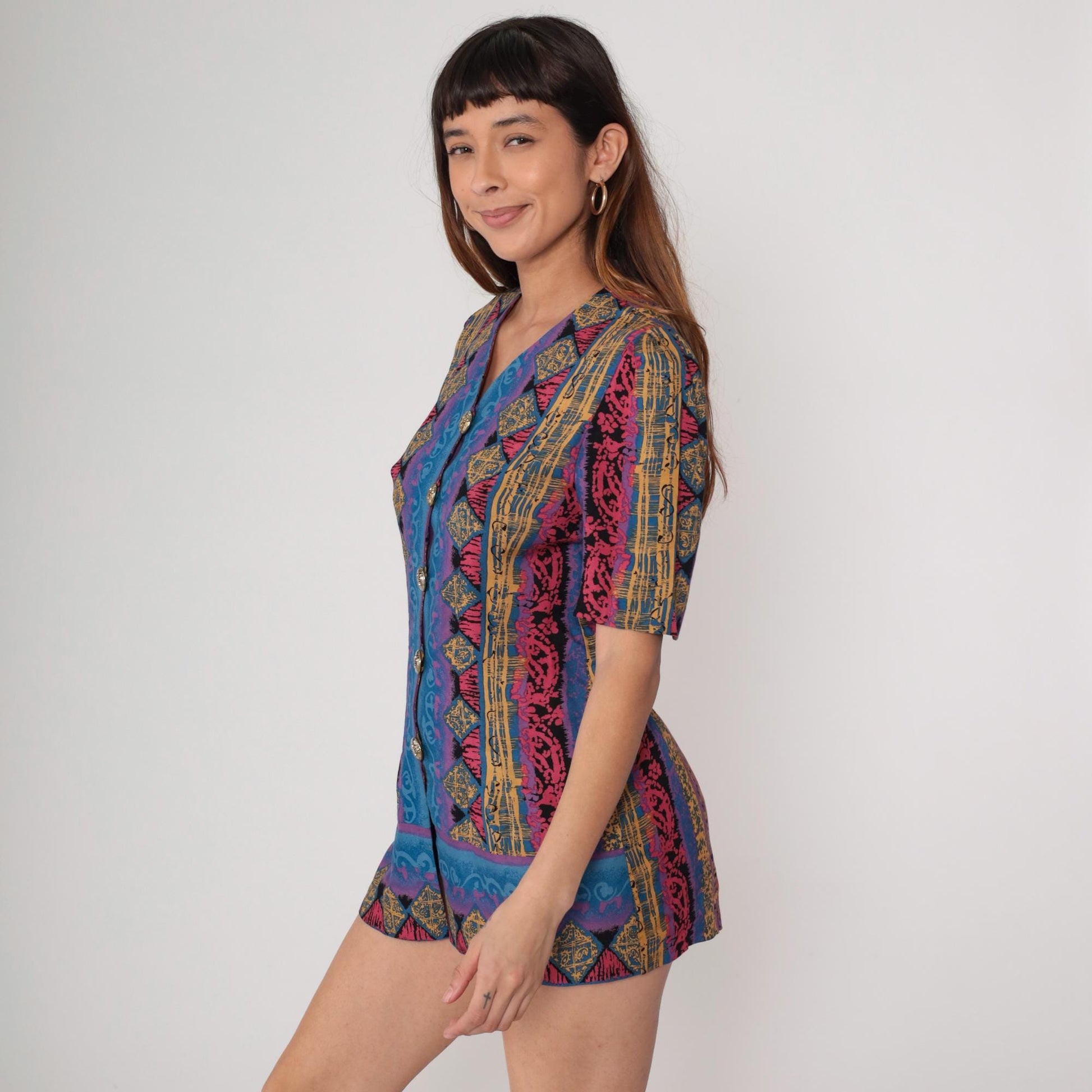 90s Tribal Geometric Mini Dress Blue Pink Gold Button Front Short Sleeve Medium