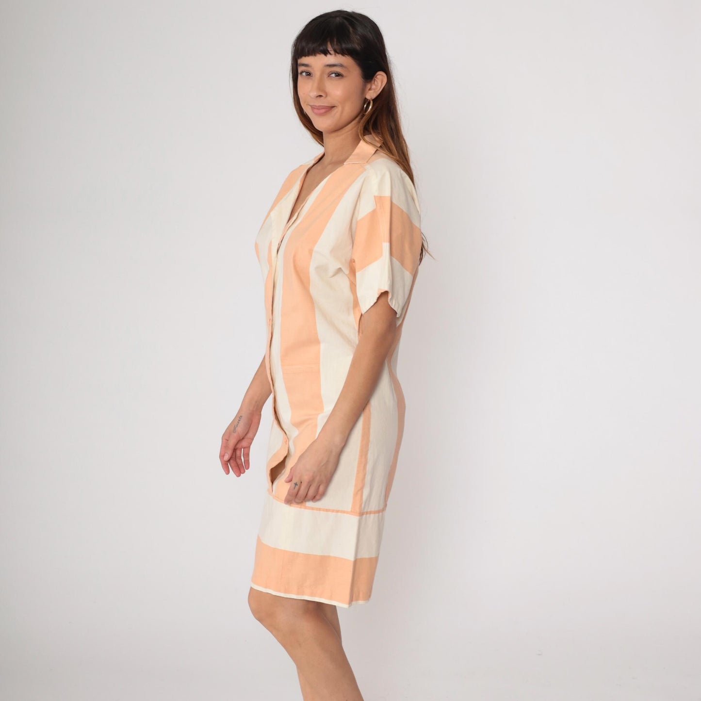 80s Peach Cream Striped Shirt Dress Button Front Collar Cotton Medium