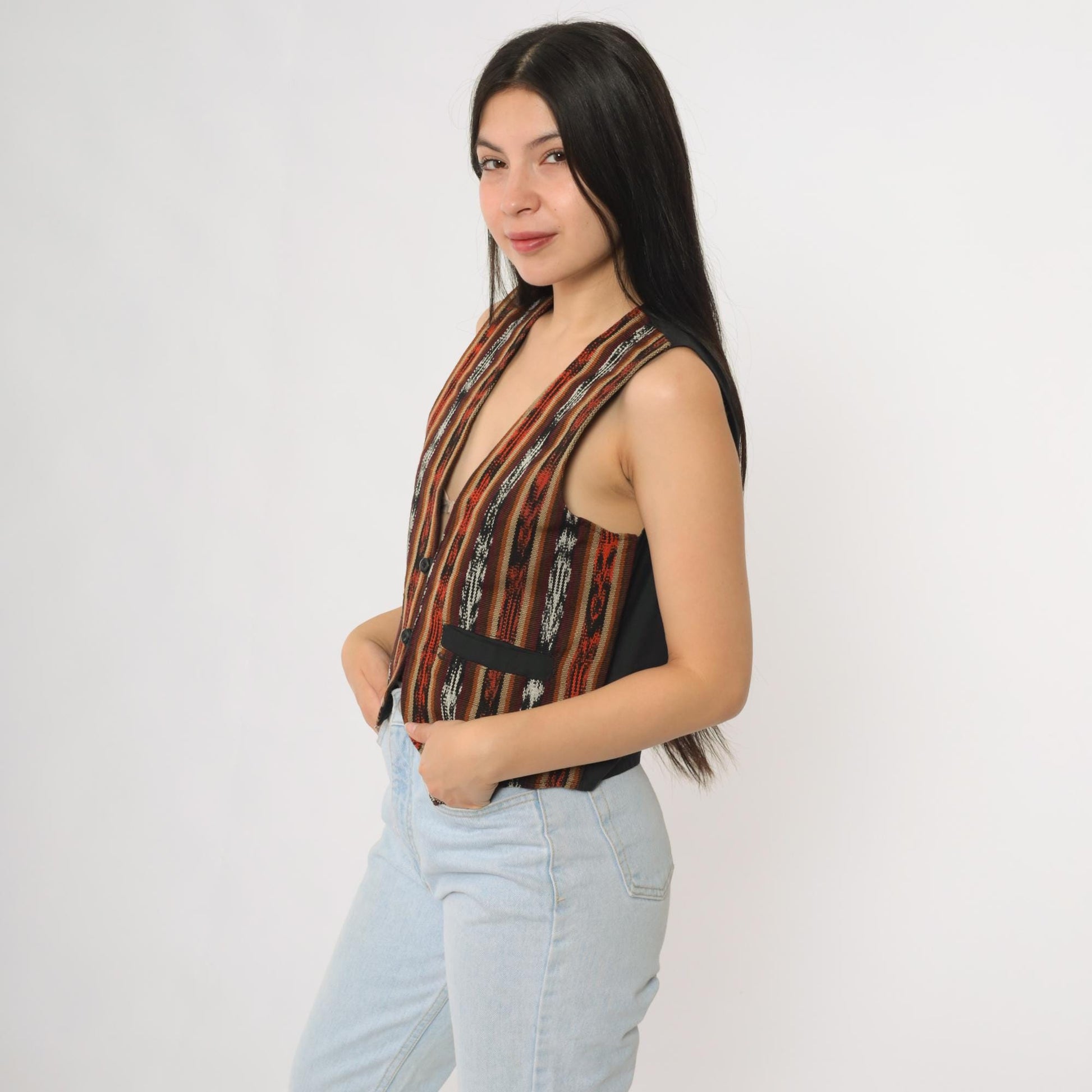 90s Southwestern Cotton Vest Striped Geometric Button Front Small S