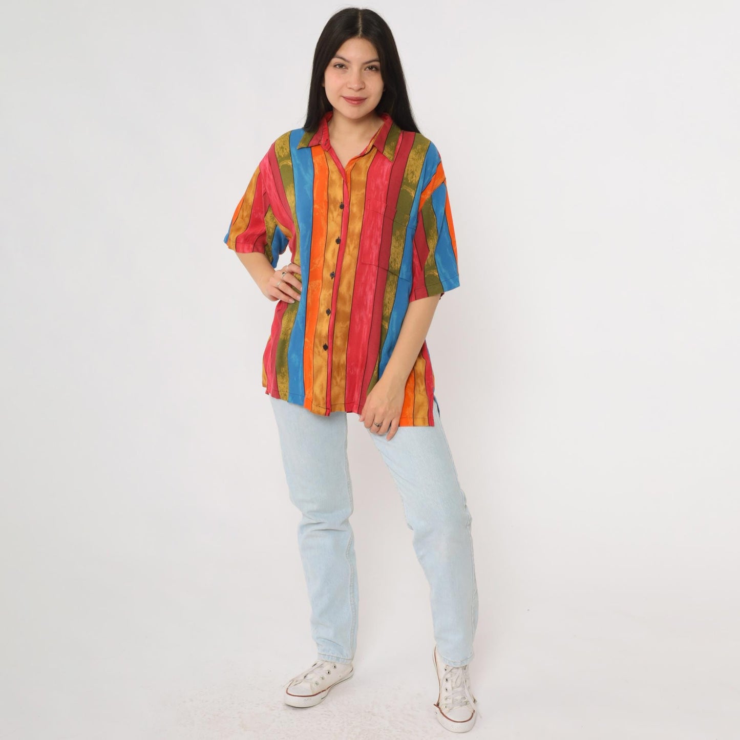90s First Class Striped Button Down Shirt Rayon Multicolor Short Sleeve Large L