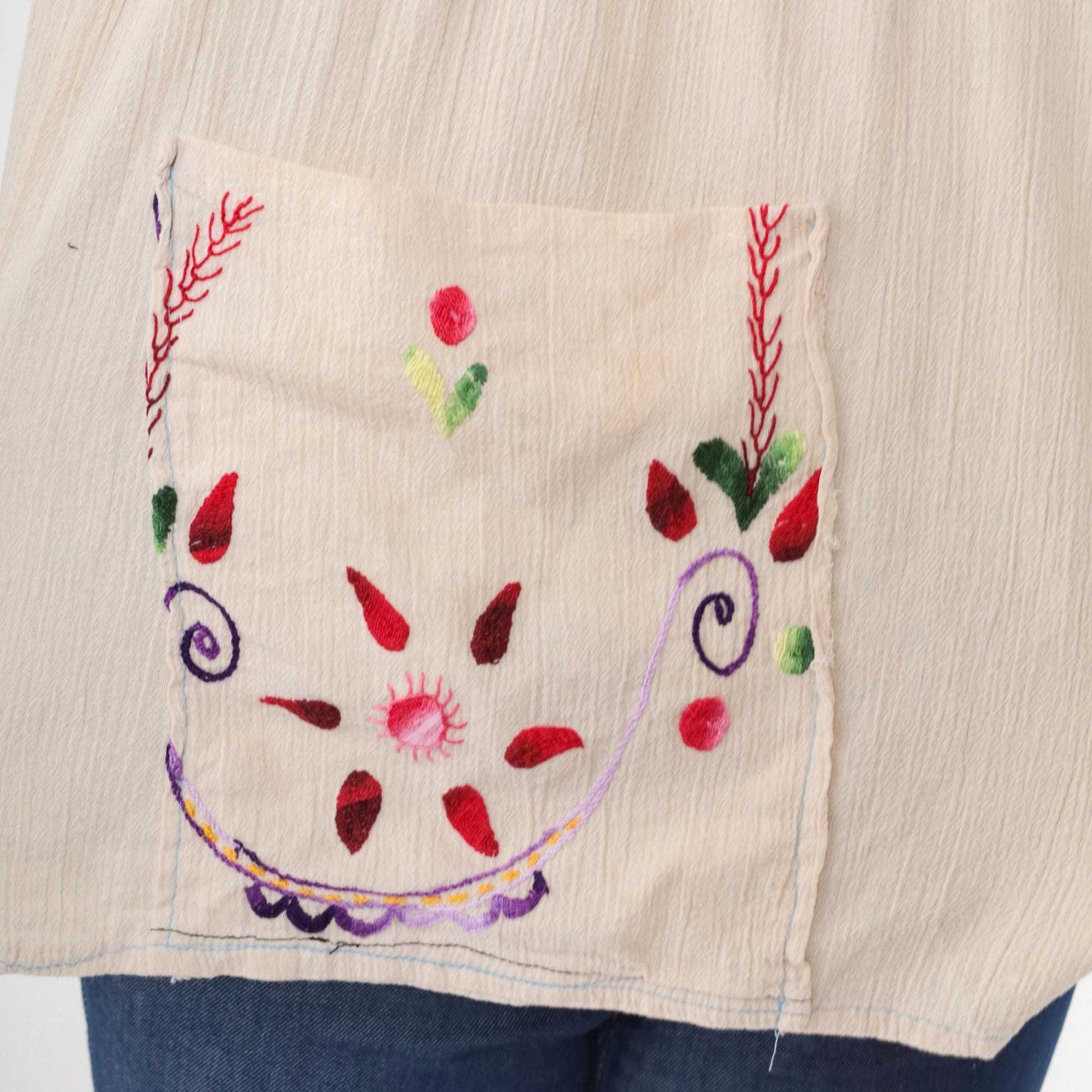 Y2K Mexican Embroidered Floral Cream Cotton Tunic Blouse Cap Sleeve Medium
