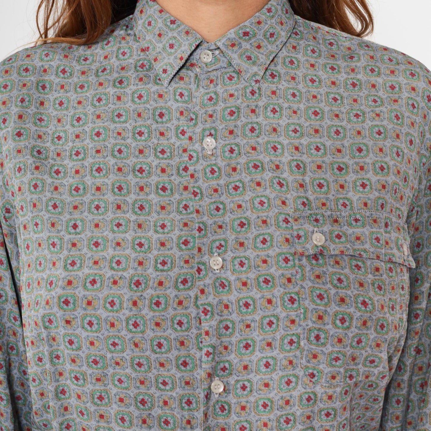 90s Geometric Floral Button Up Blouse Sage Green Red Print Medium