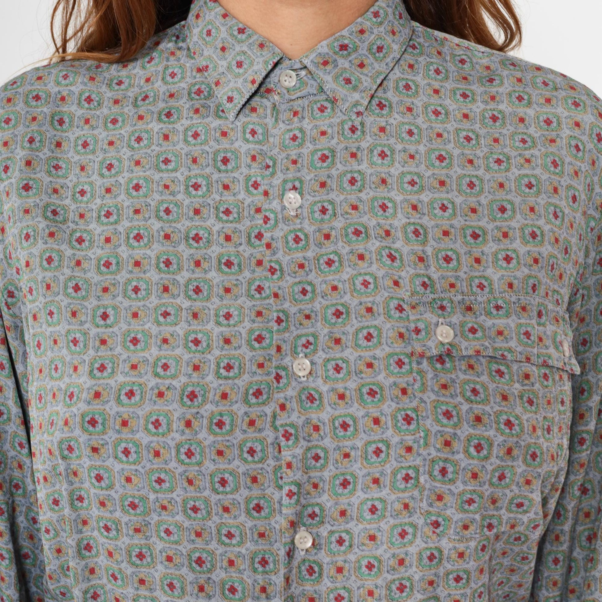 90s Geometric Floral Button Up Blouse Sage Green Red Print Medium