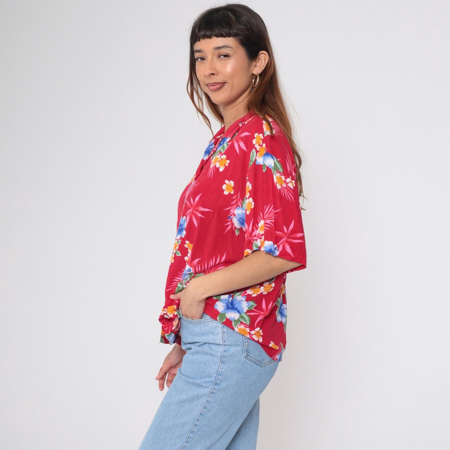 90s Red Tropical Floral Hawaiian Shirt Button-Up Rayon Blouse XL