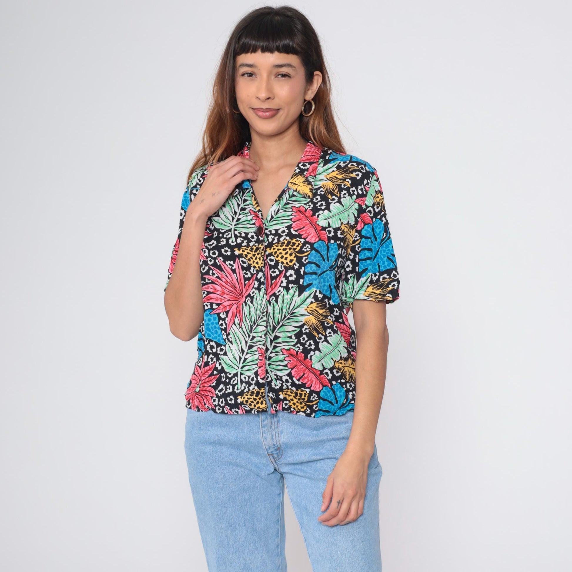 80s Black Hawaiian Shirt Tropical Orchid Floral Rayon Button Up Large