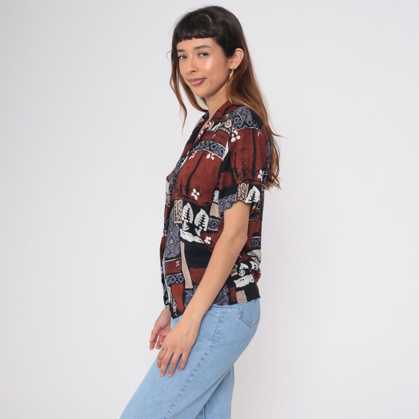 90s Radcliffe Batik Geometric Print Button Blouse Rust Blue Black Medium M
