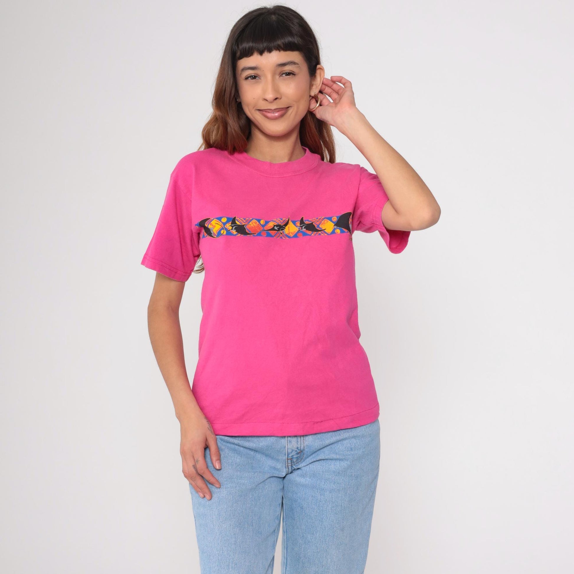 90s Gildan Manta Ray Graphic T-Shirt Hot Pink Cotton Tee Small S