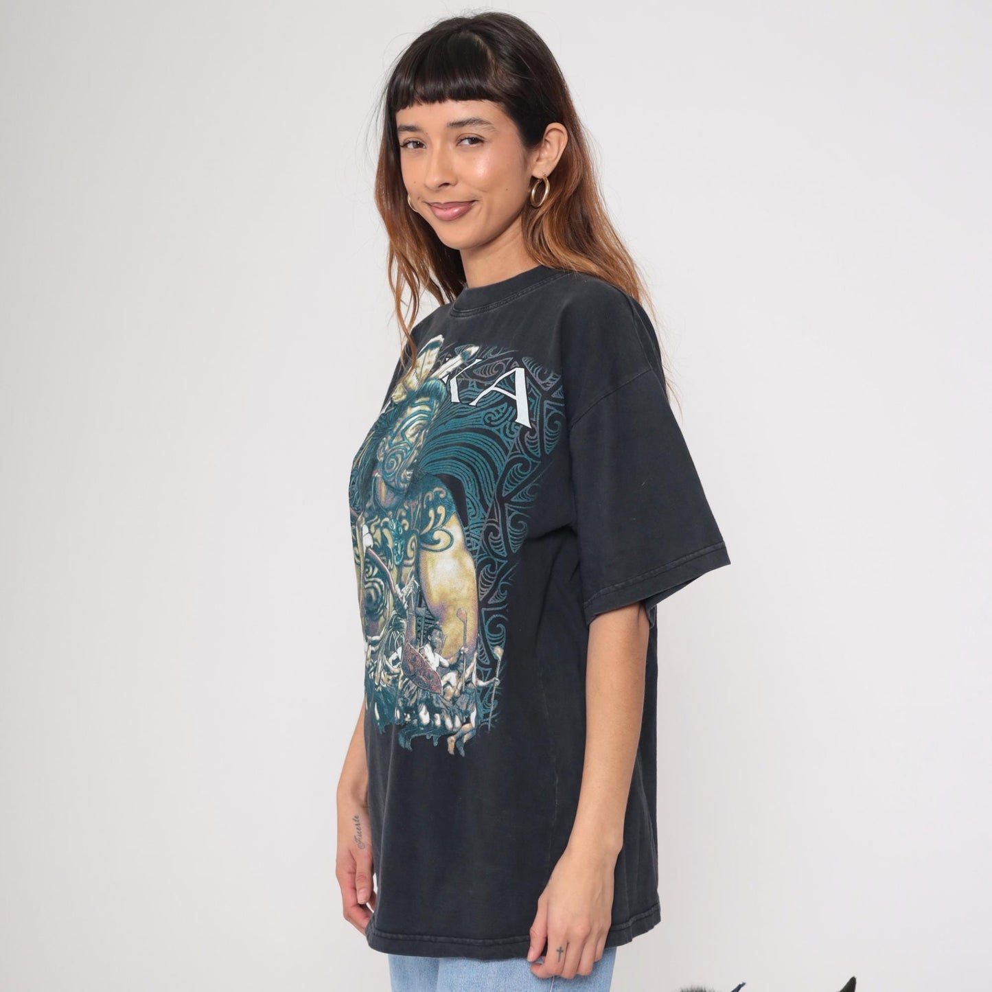 90s Maori Warrior Aotearoa Black Graphic T-Shirt Cotton Taiaha XXL