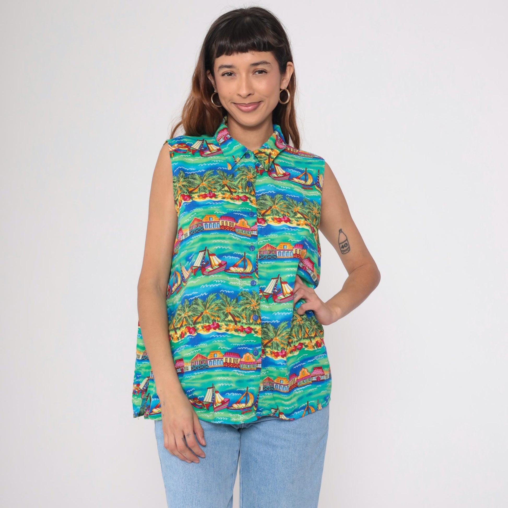 90s Caribou Tropical Island Sleeveless Shirt Teal Sailing Boat Print Extra Large