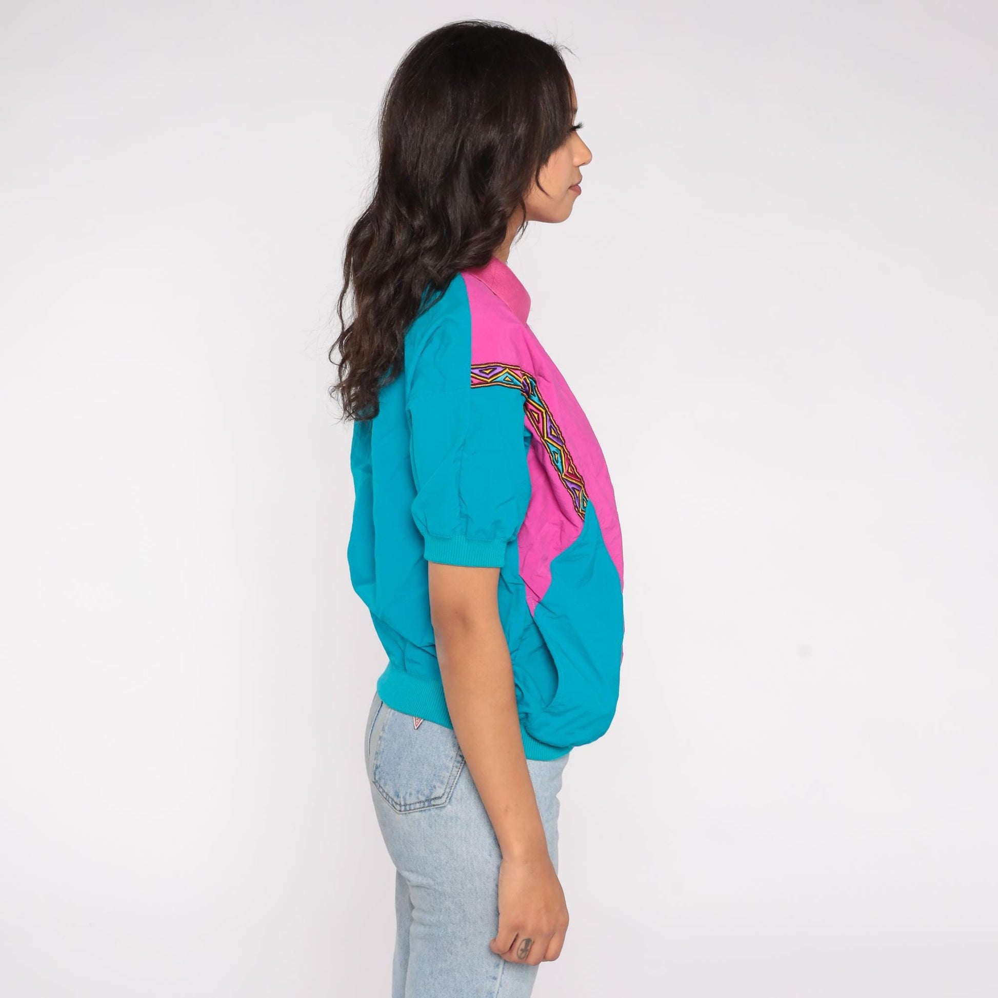 90s Lavon Color Block Polo Hot Pink Teal Nylon Short Sleeve Medium M