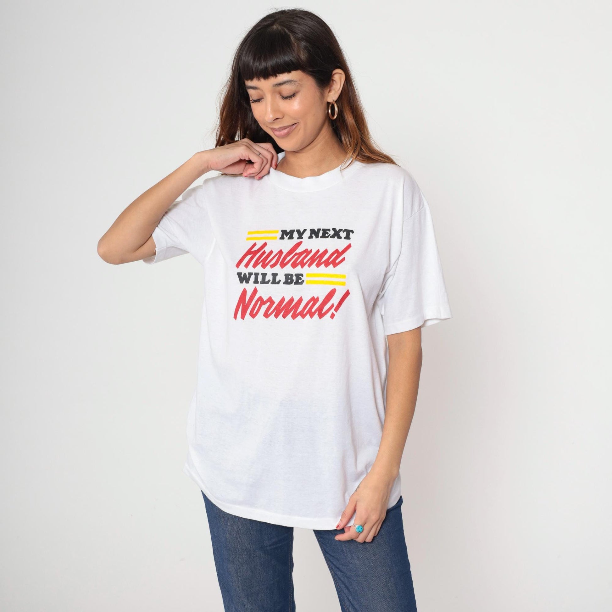 90s Graphic T-Shirt White Cotton Humor Marriage Tee Large
