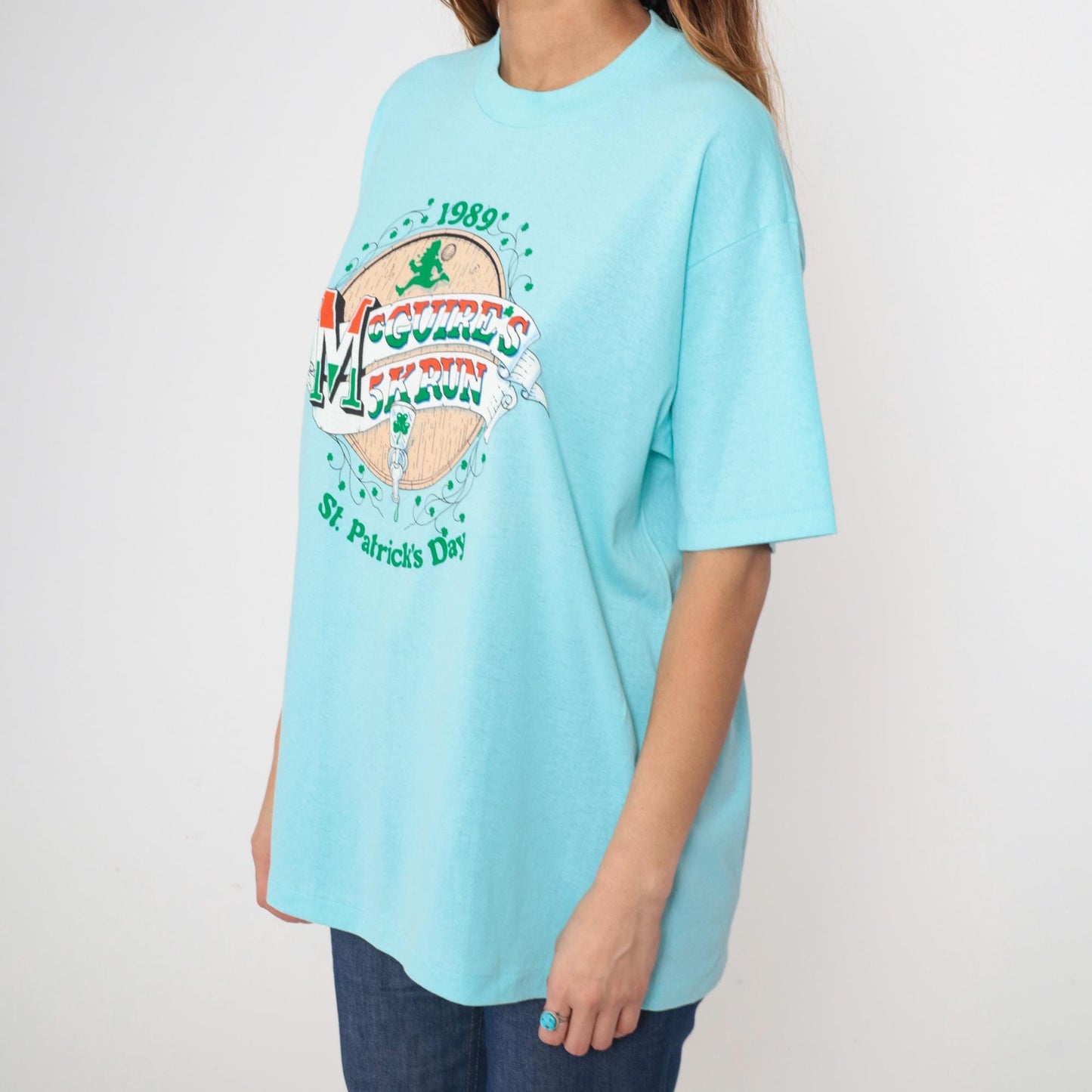 80s McGuire's 5K Run St Patrick's Day Graphic Tee Aqua Blue Extra Large XL