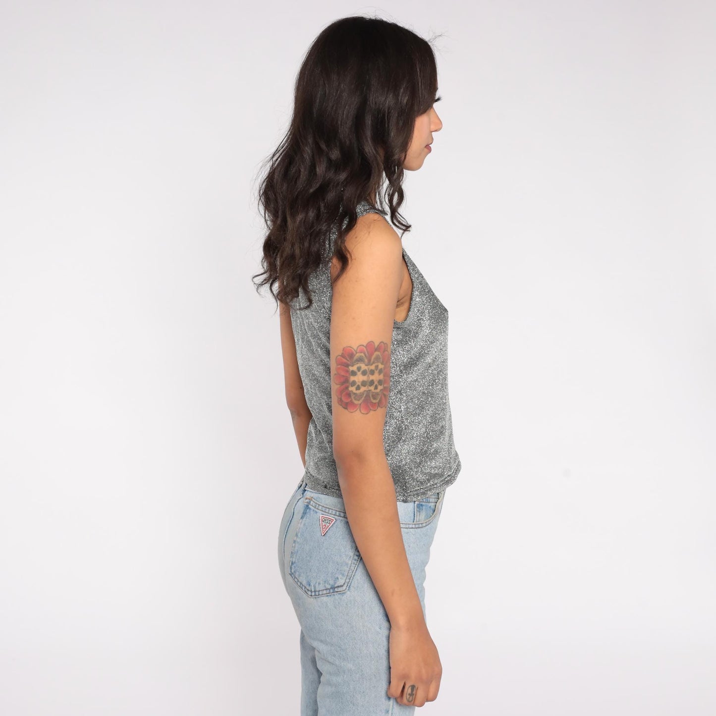 90s Jaipur Metallic Silver Wrap Tank Top Sparkle Lurex Large L