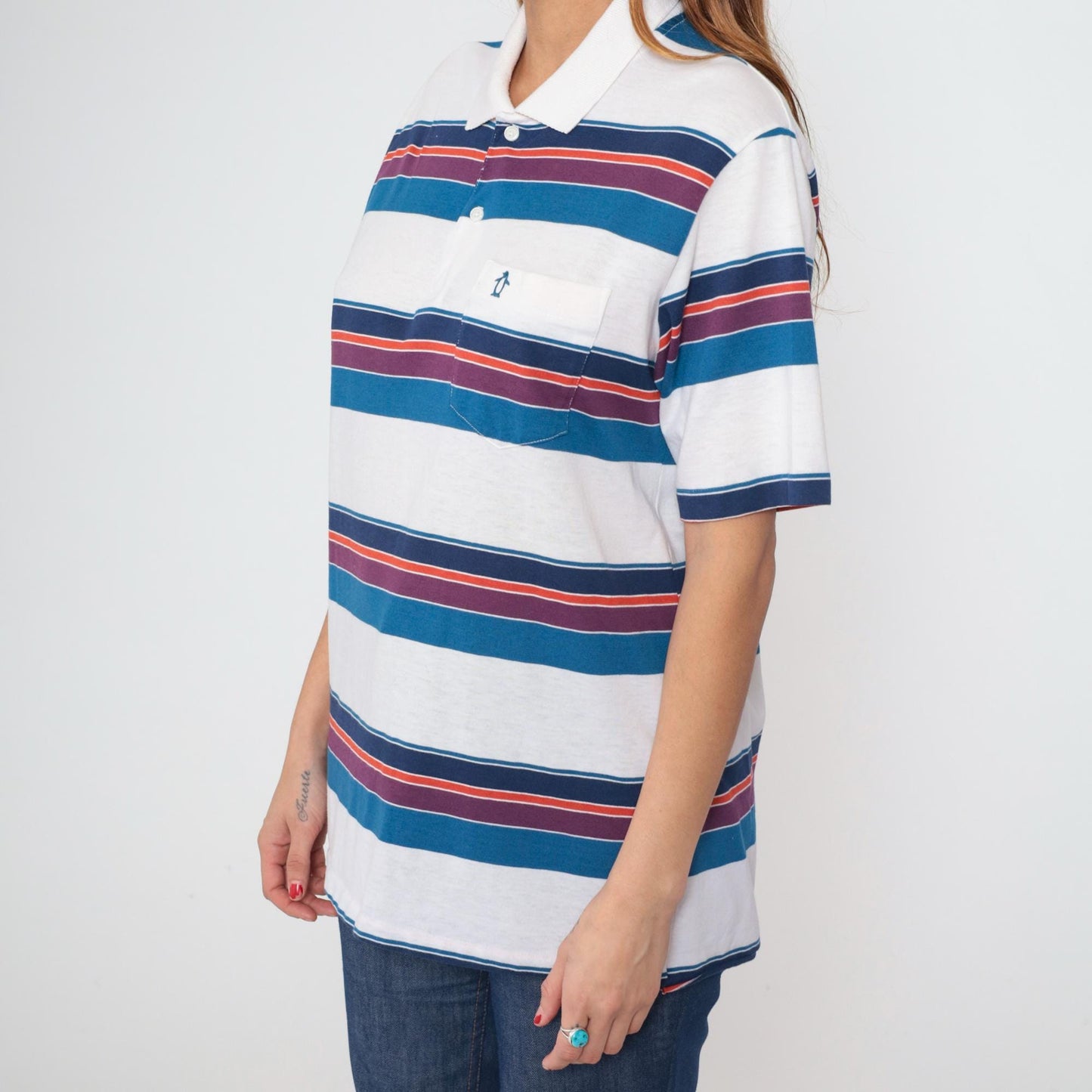 90s Penguin Club Striped Polo Shirt White Blue Purple Men's Large