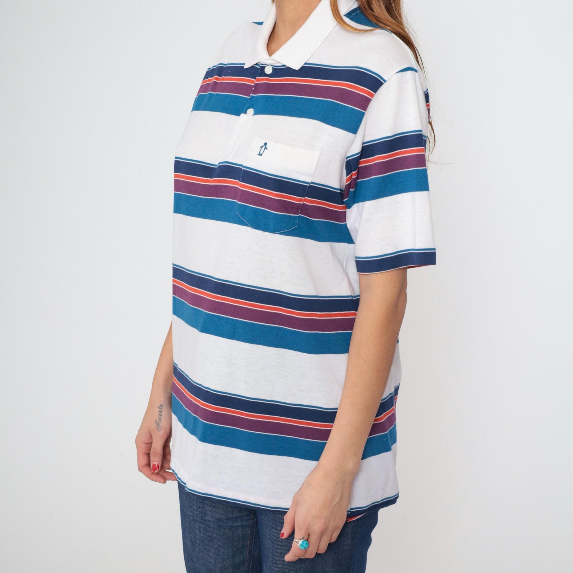 90s Penguin Club Striped Polo Shirt White Blue Purple Men's Large