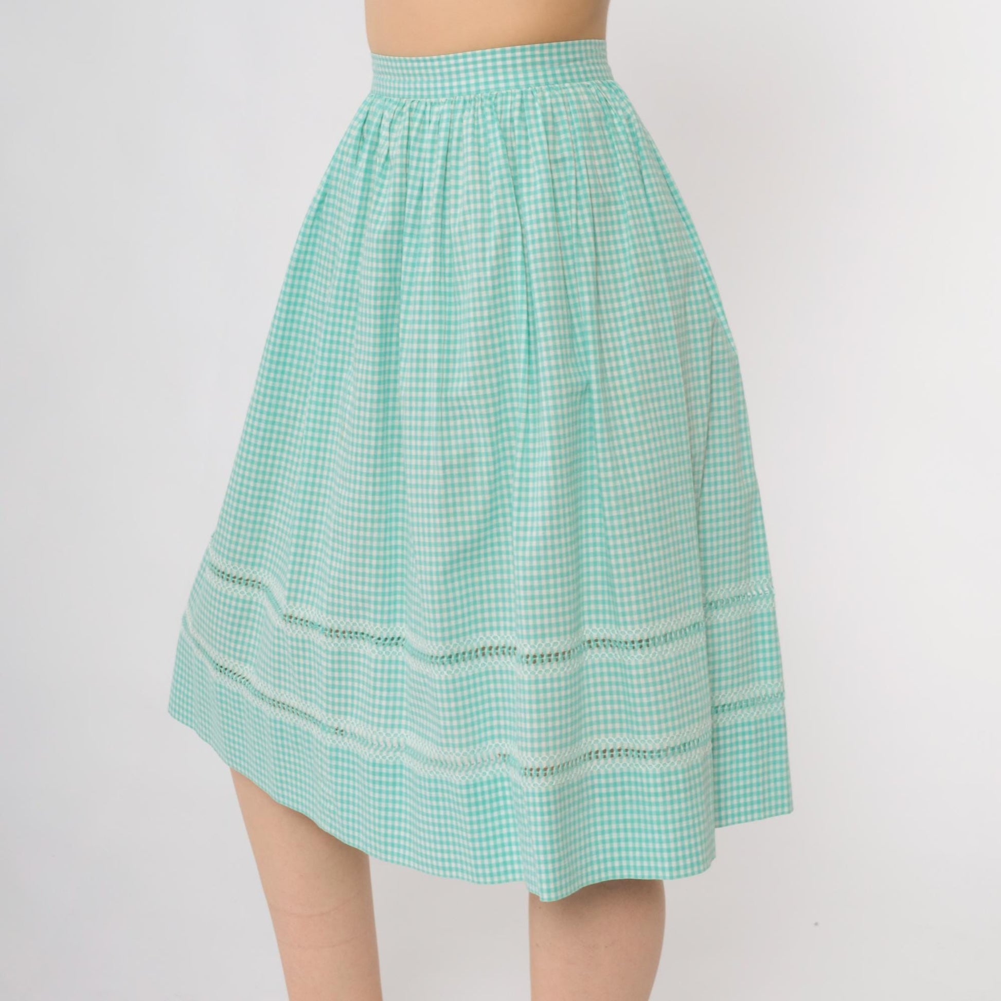 60s Mint Green Gingham A-Line Skirt Crochet Lace High Waist Small