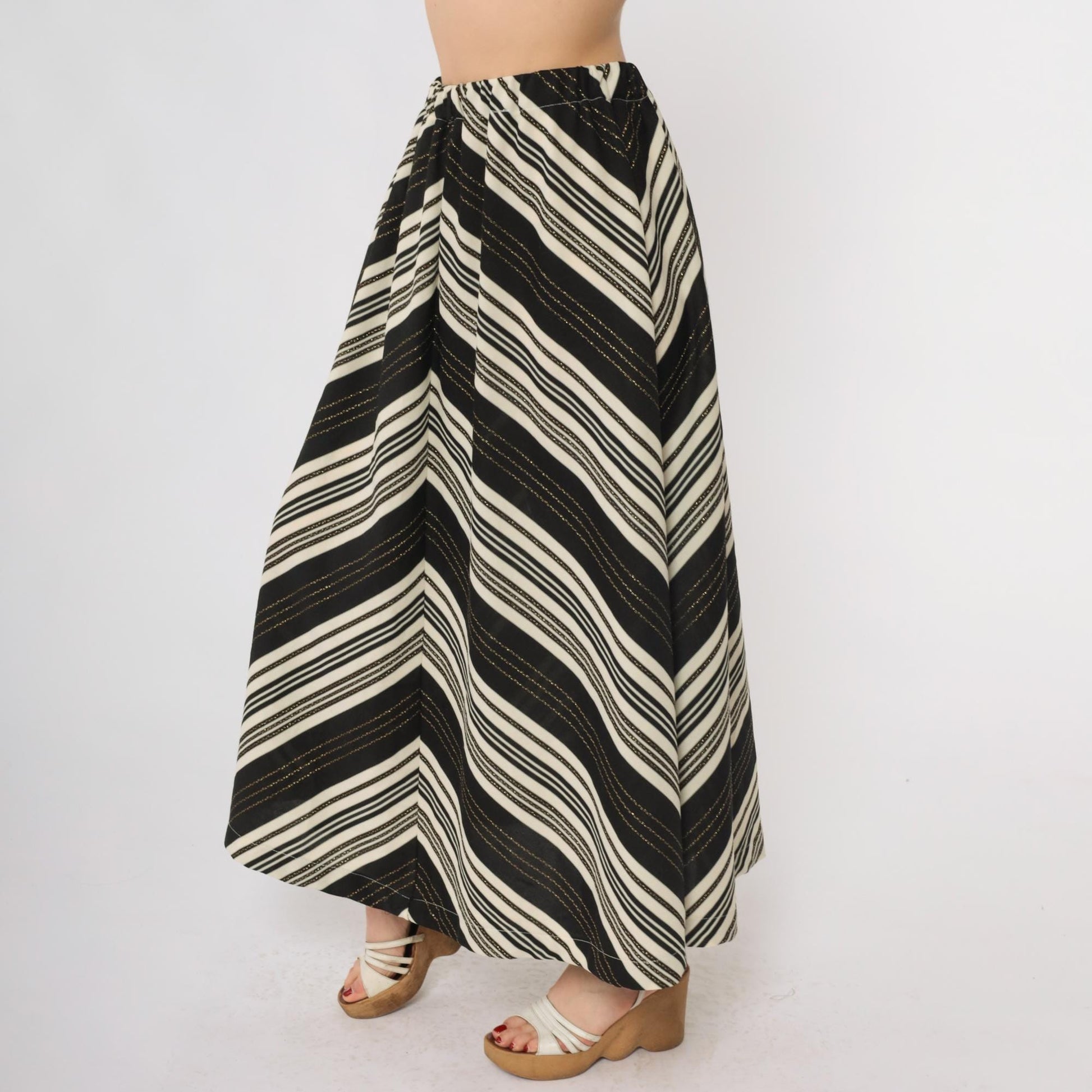 70s Black Cream Chevron Striped Maxi Skirt Gold Metallic High Waist Small