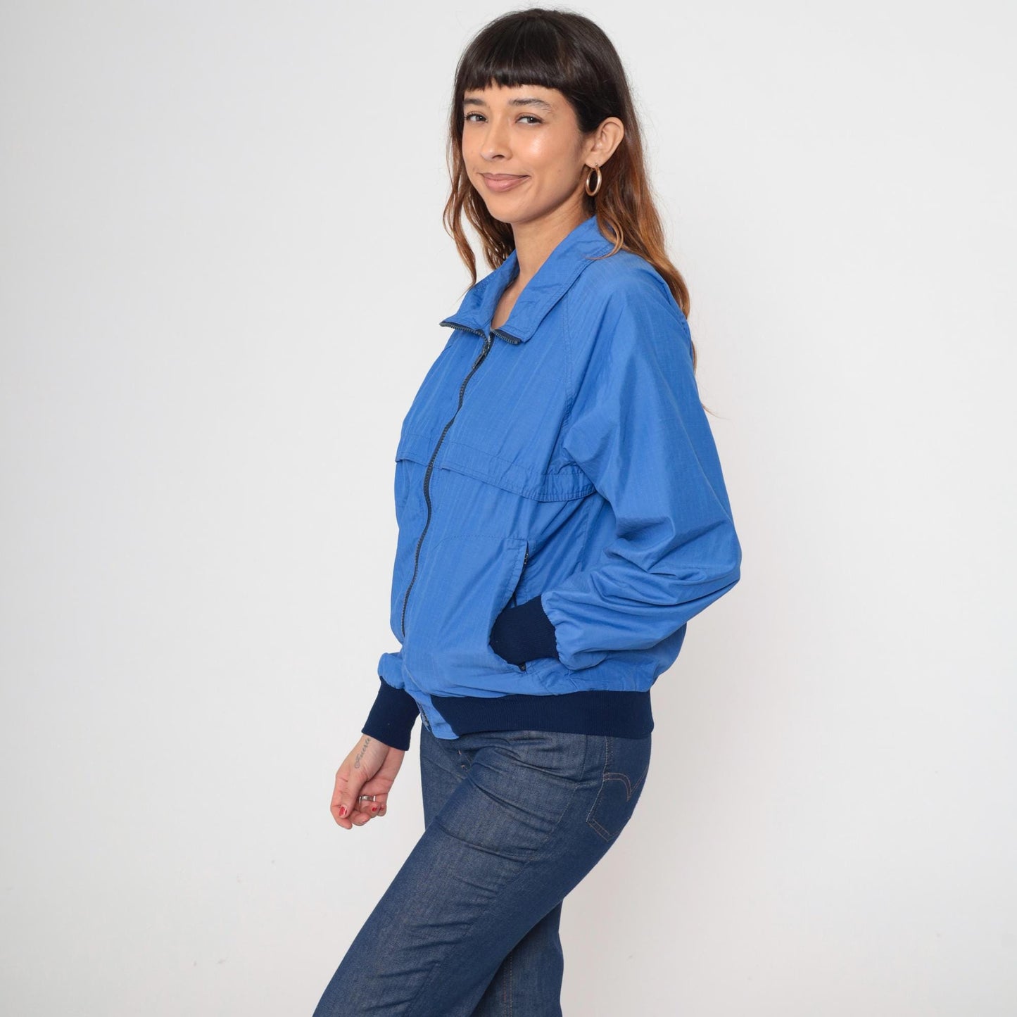 80s Royal Blue Windbreaker Jacket Raglan Sleeve Zip Up Medium M