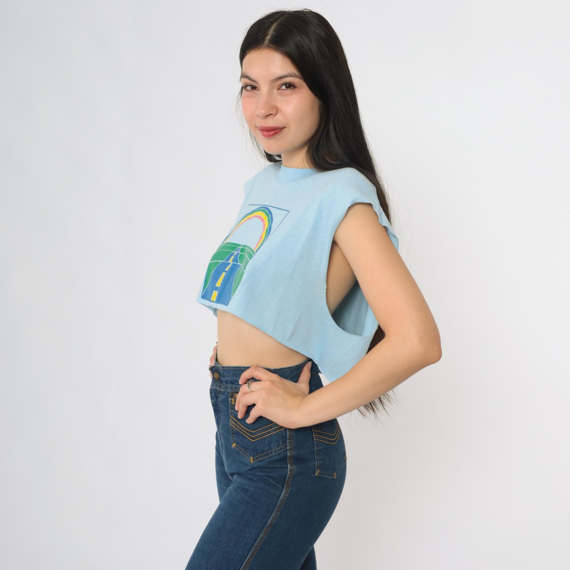 90s Oneita Rainbow Road Crop Top Blue Graphic Sleeveless Tee Large L