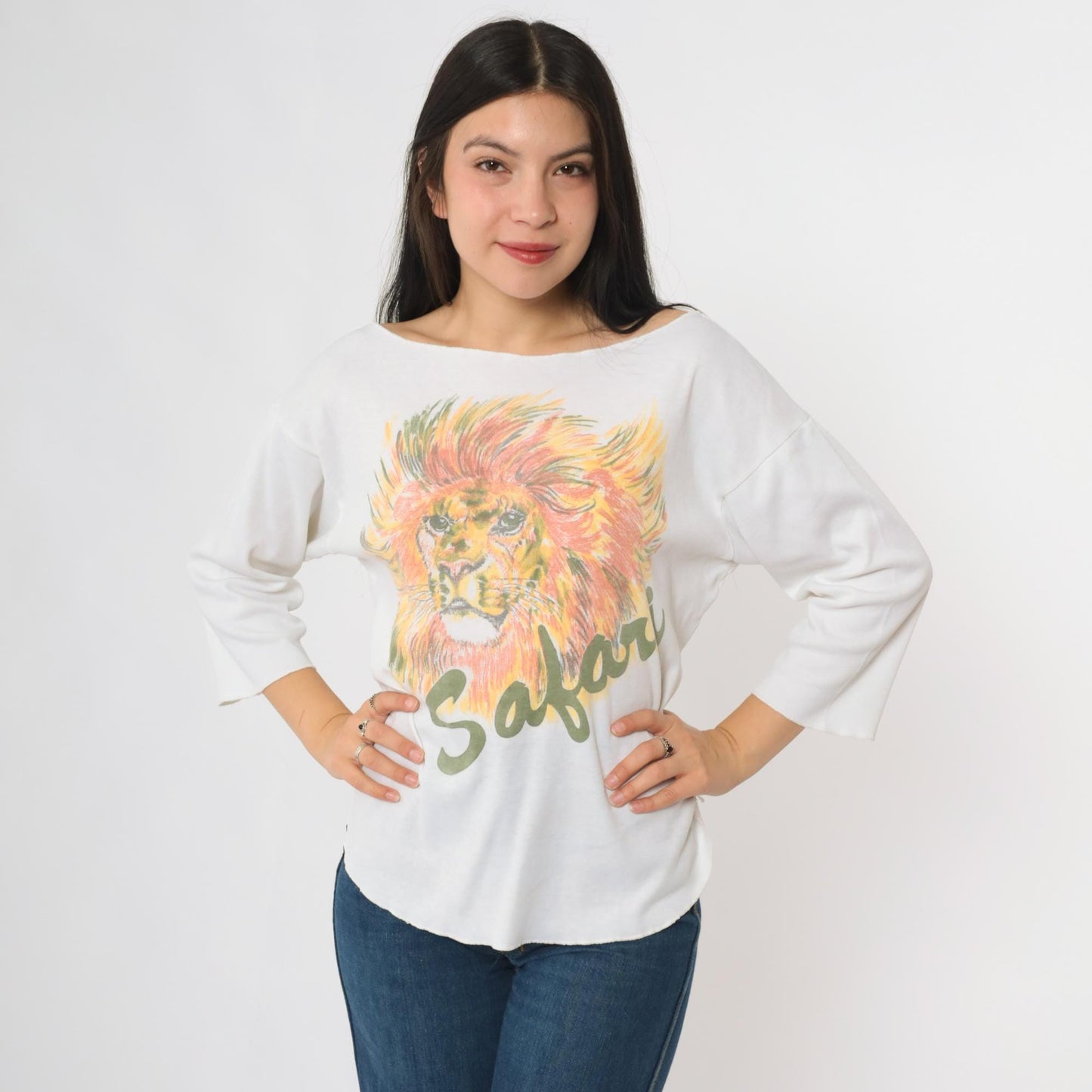 80s Lion Safari Graphic Cotton Pullover Crew Neck Tee Large L