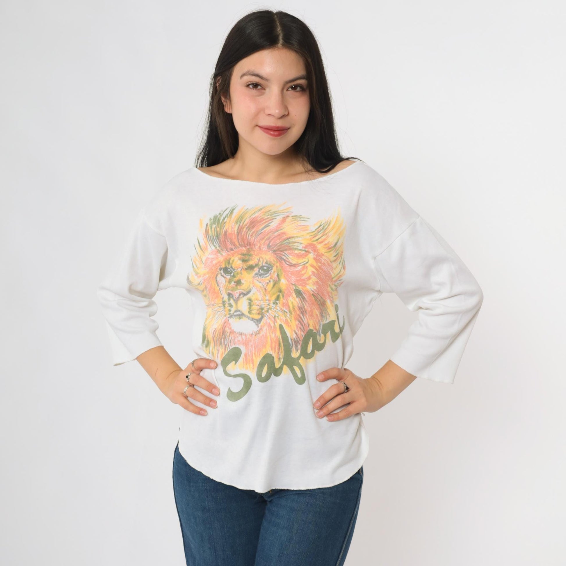 80s Lion Safari Graphic Cotton Pullover Crew Neck Tee Large L
