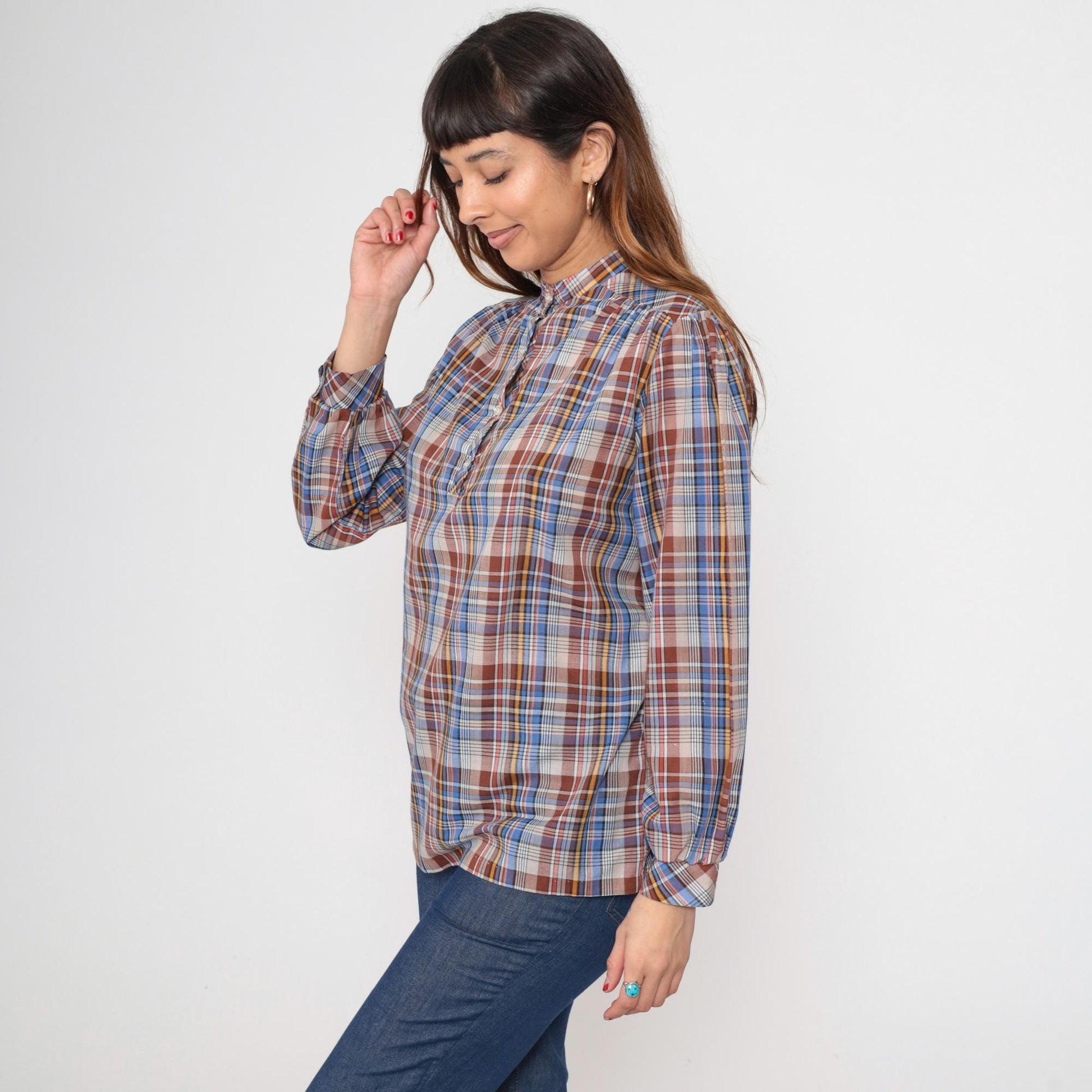 80s Plaid Blouse Mandarin Collar Puff Sleeve Brown Blue Yellow Cotton Medium M