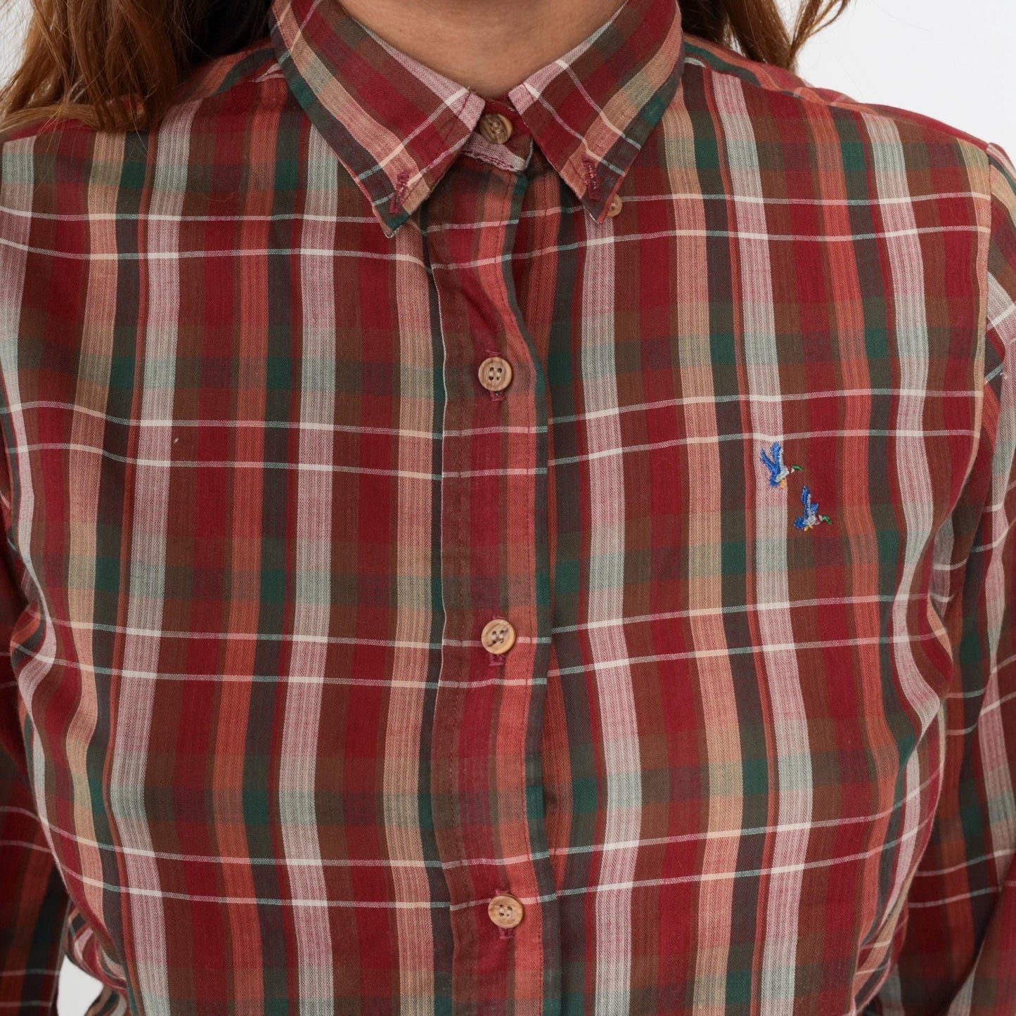 80s Plaid Button Down Shirt Red Green Embroidered Duck Cotton Small