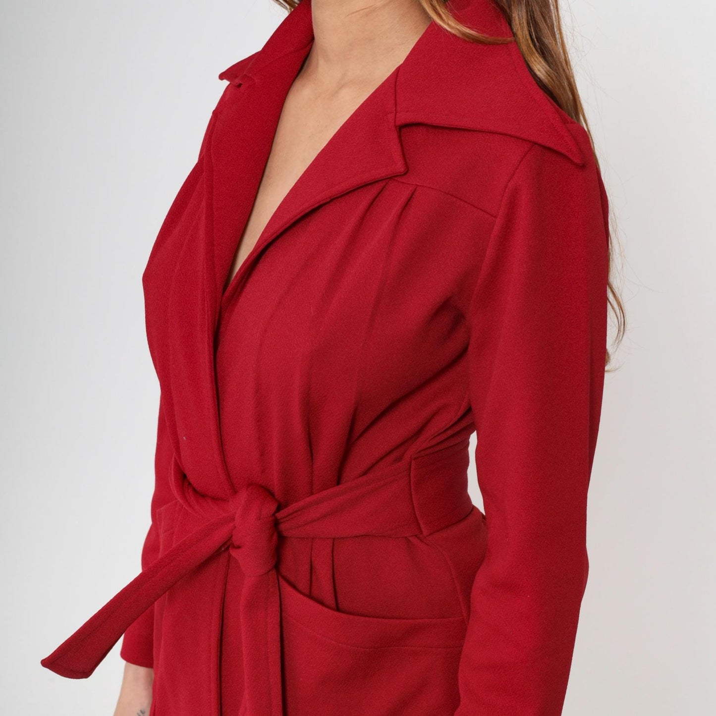70s Red Wrap Jacket Belted Waist Wide Lapel Deep V Neck Medium