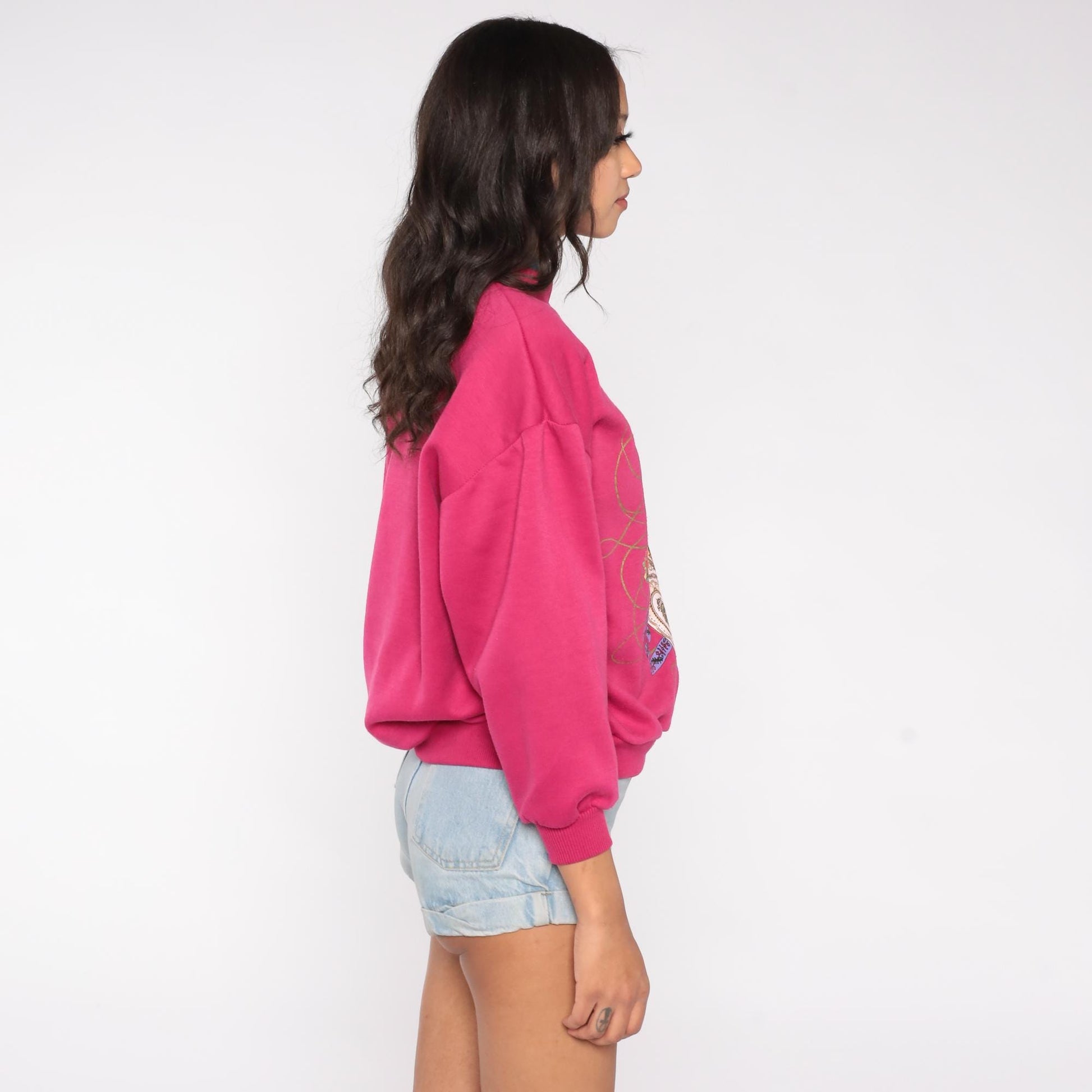 90s Nicco Victorian Floral Frame Sweatshirt Magenta Teal Mock Neck Medium M