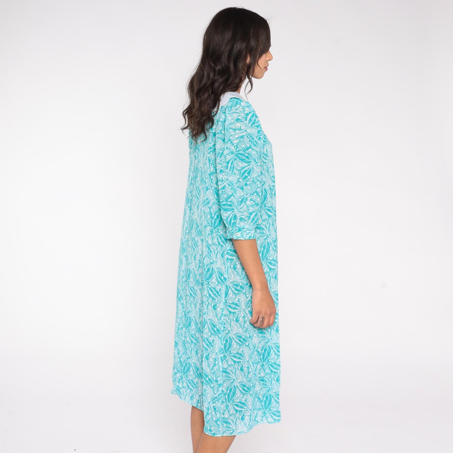 80s Kathryn & Co Leaf Print Midi Dress Teal Peter Pan Collar Puff Sleeve Medium