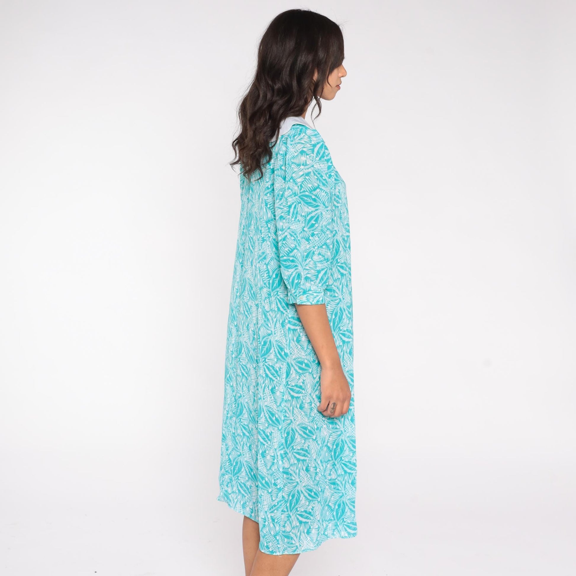 80s Kathryn & Co Leaf Print Midi Dress Teal Peter Pan Collar Puff Sleeve Medium