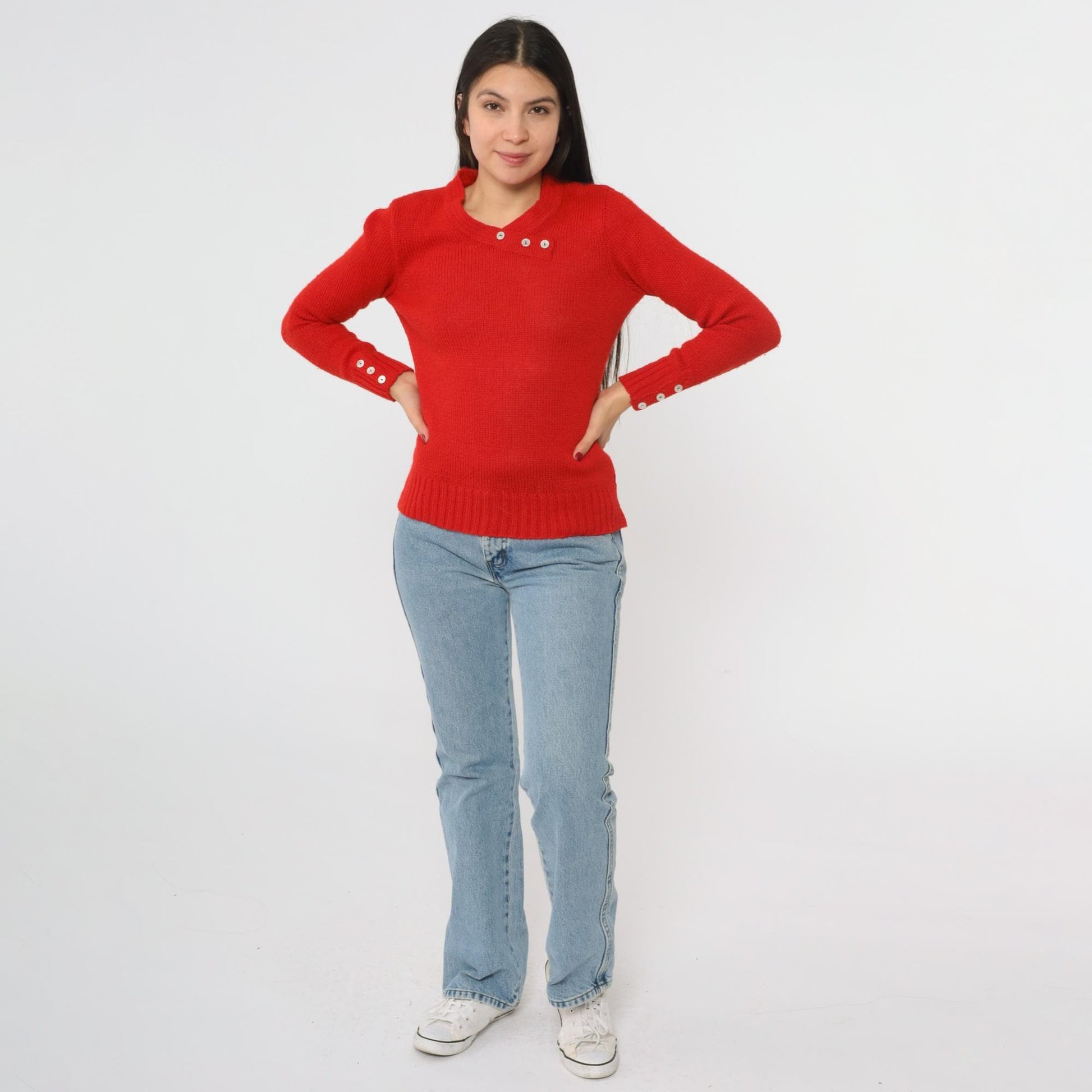 80s Red Knit Sweater Preppy Crewneck Button Detail Small