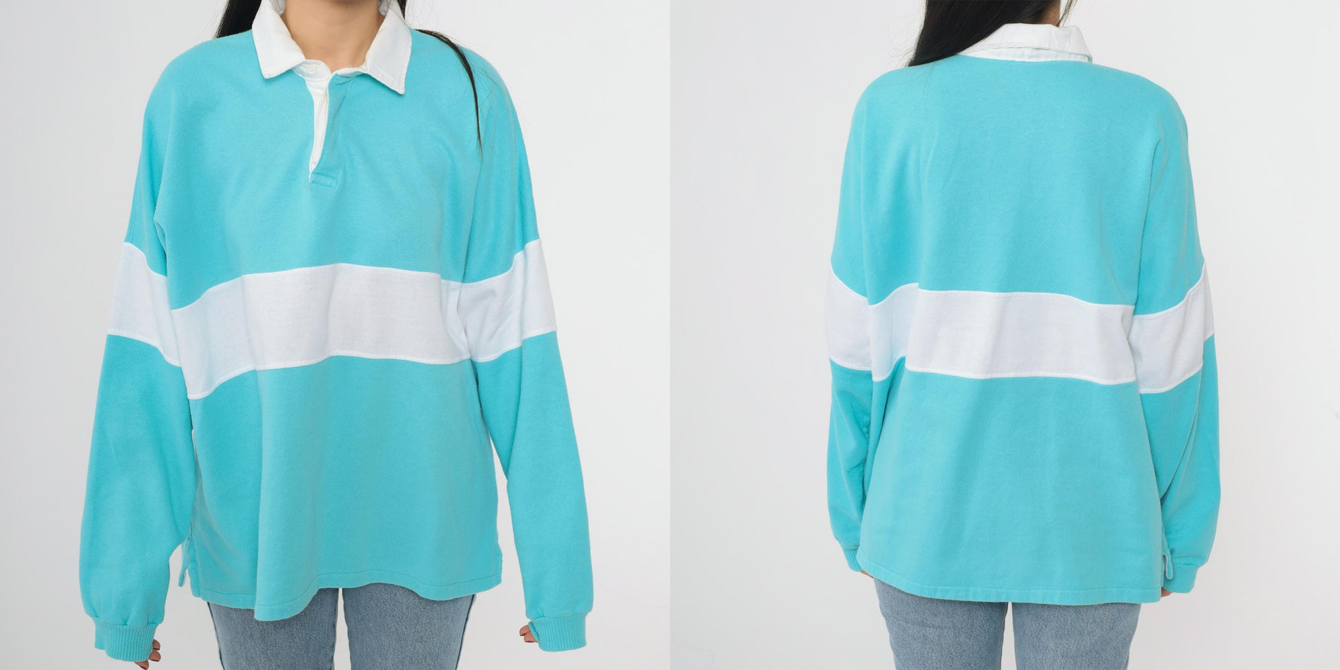 80s Turquoise Rugby Shirt White Stripe Collared Pullover Extra Large XL